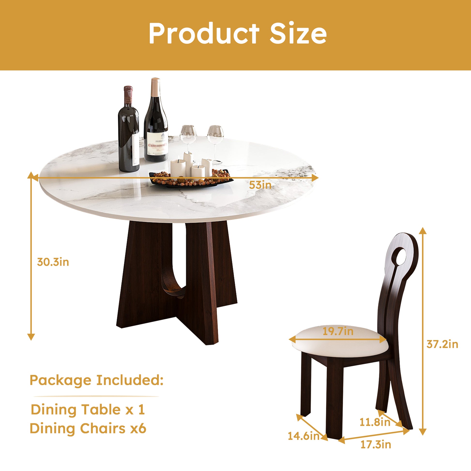 Round marble dining table in diameter in height with dark wood base