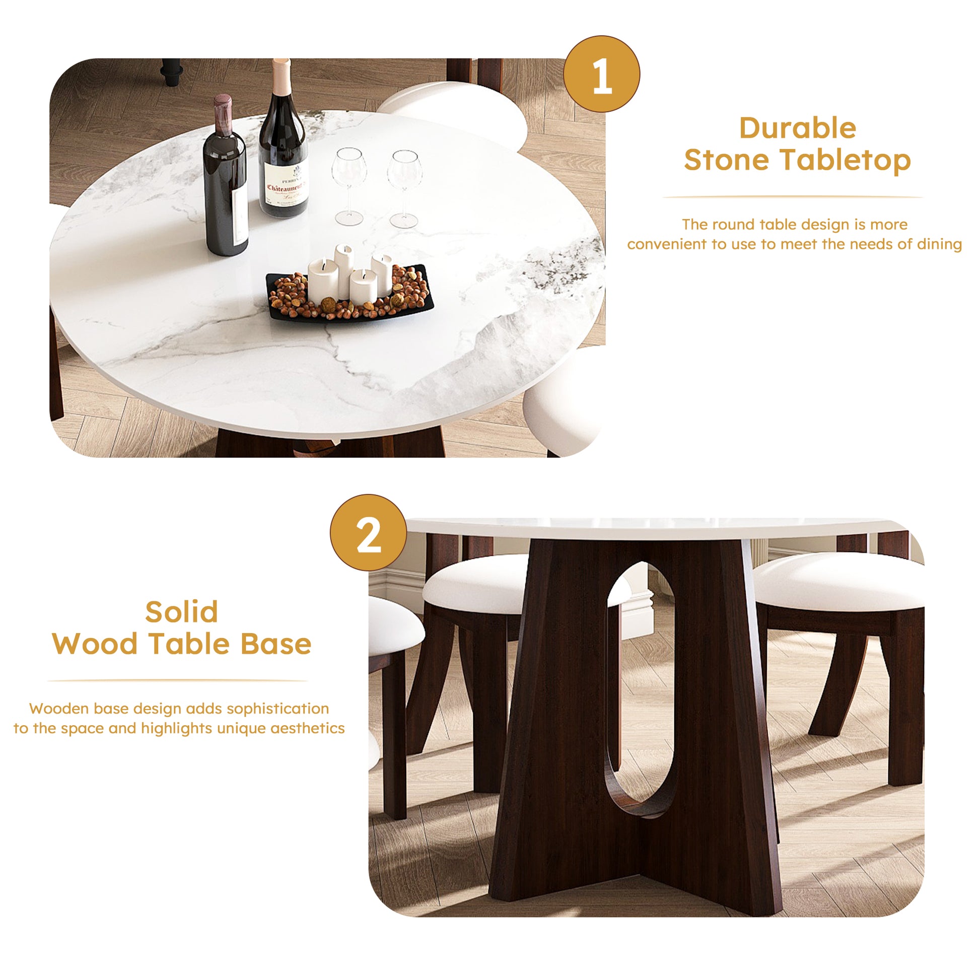 Round dining table with durable white marble stone tabletop and dark wood base