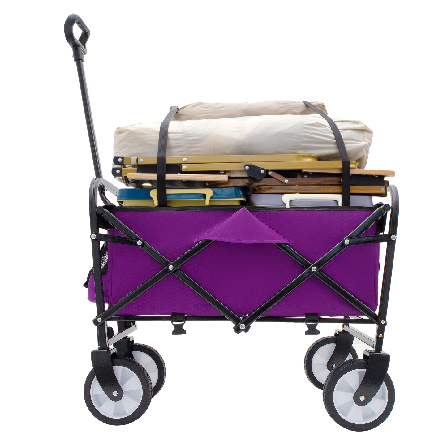 Purple folding wagon with camping gear including chairs and a rolled sleeping bag strapped on