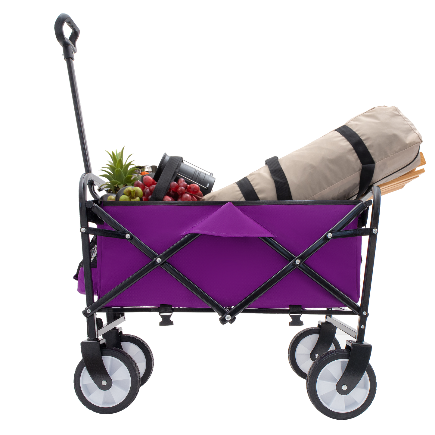 Purple folding wagon filled with fruit a lantern and a rolled mat