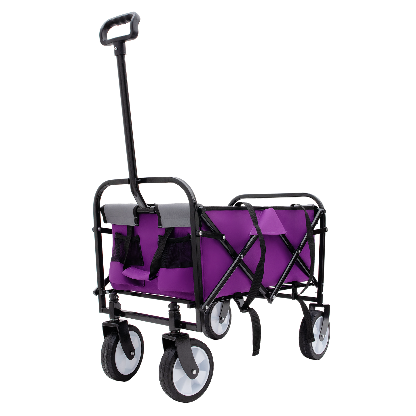 Purple folding wagon with black telescoping handle ideal for outdoor adventures and hauling gear