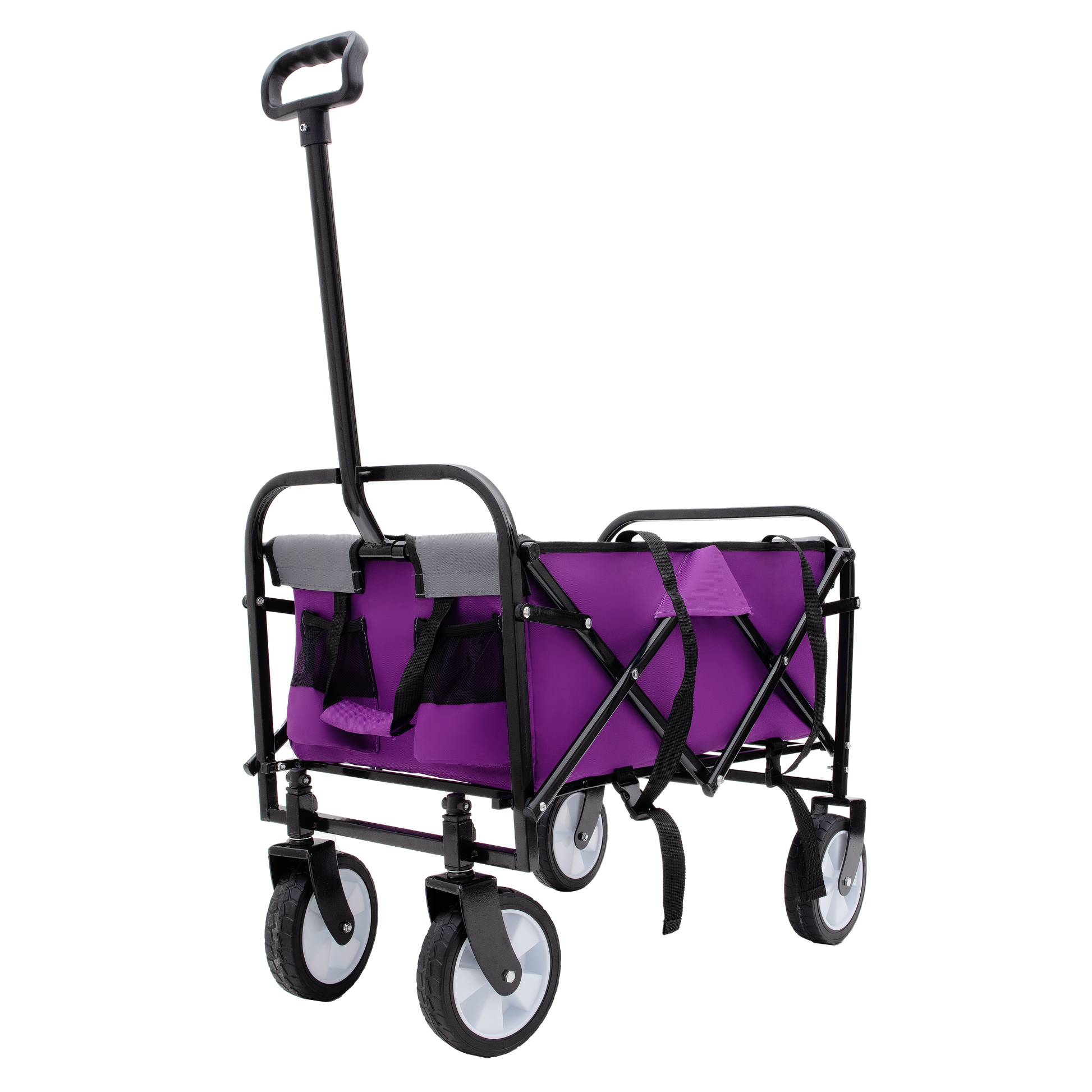 Purple folding wagon with black telescoping handle ideal for outdoor adventures and hauling gear