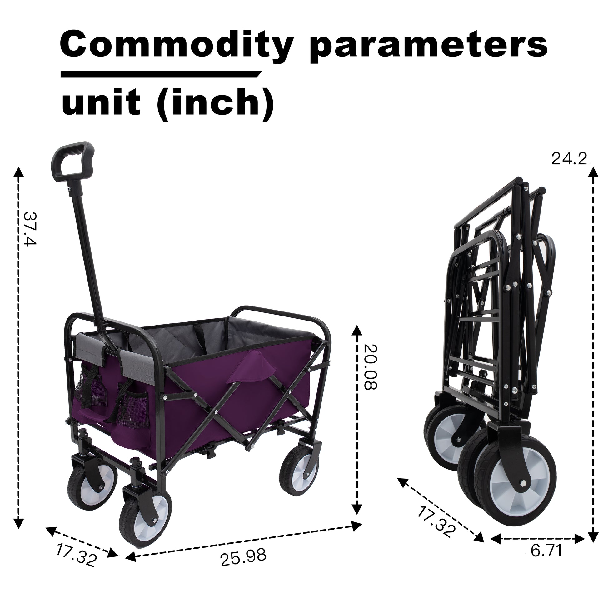 Purple collapsible wagon with black frame and adjustable handle perfect for outdoor events