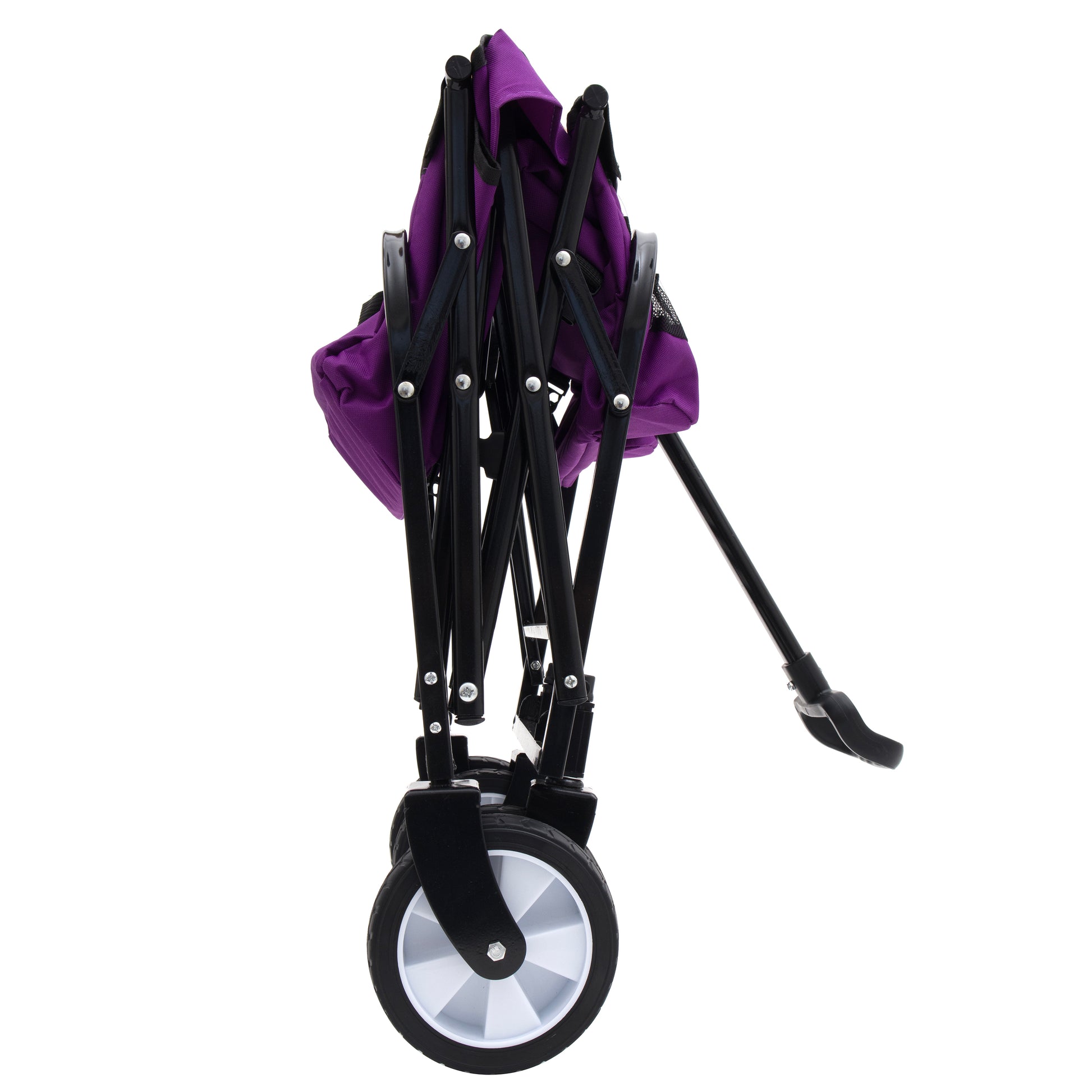 Purple collapsible wagon with black frame and large wheels folded for storage