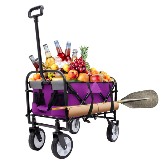 Purple folding wagon filled with assorted fruits beverages on ice and a paddle