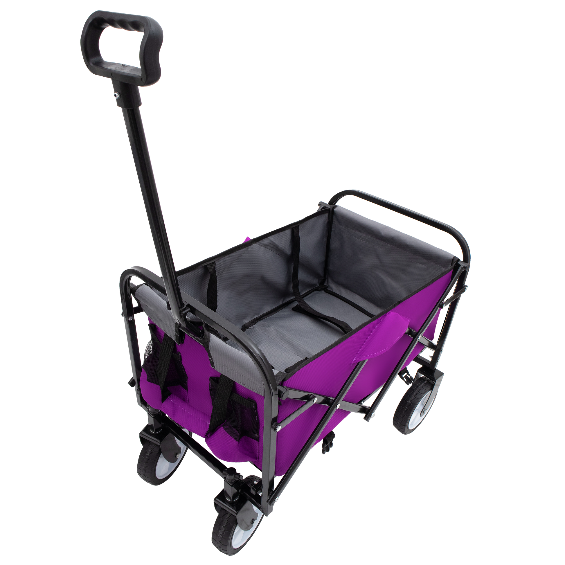 Purple foldable outdoor wagon with sturdy black frame and telescoping handle
