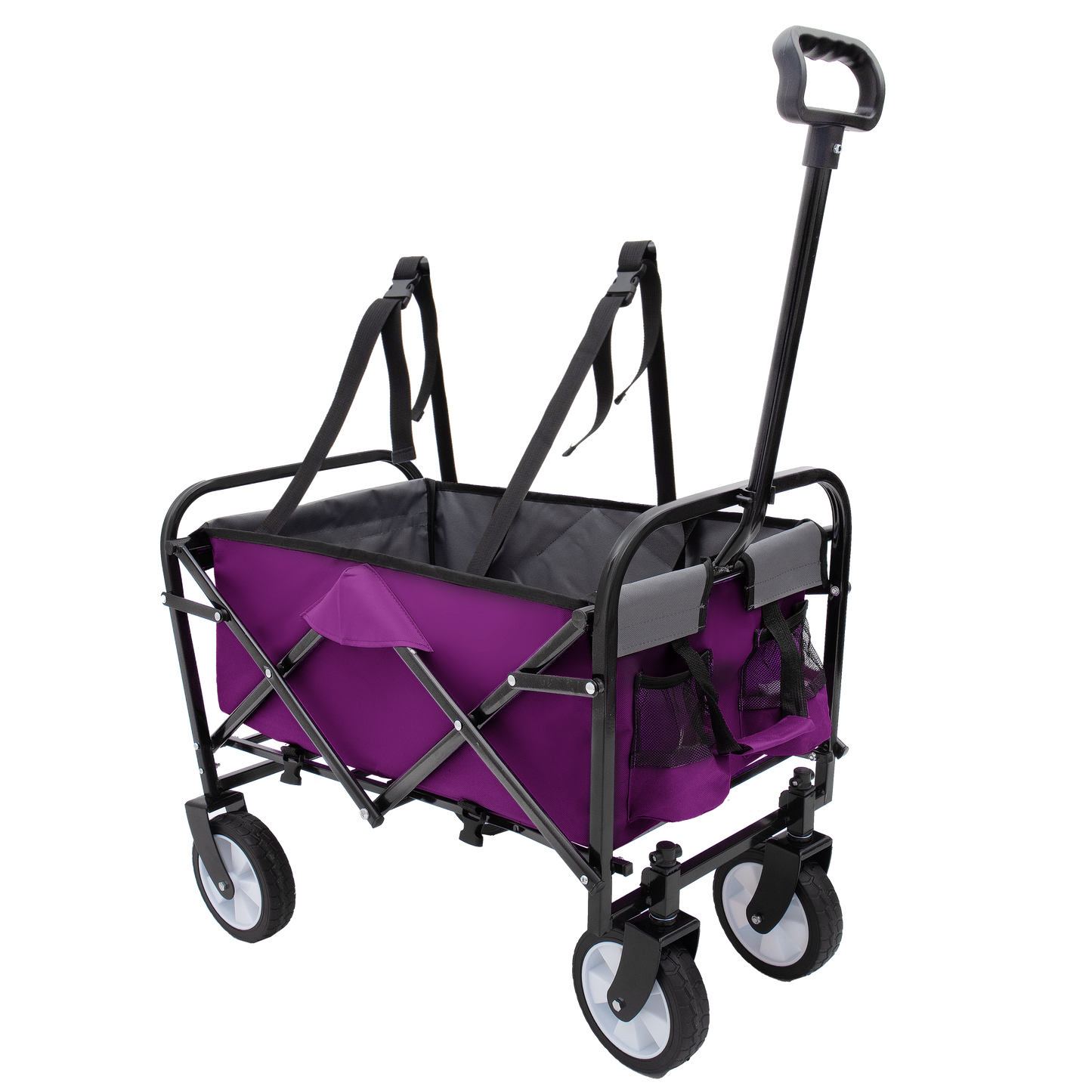 Purple folding utility wagon with black telescoping handle and durable wheels for easy transport