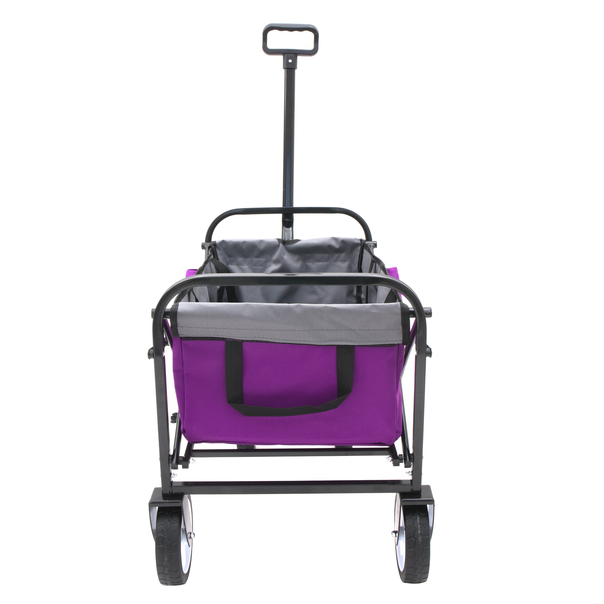 Purple collapsible beach wagon with a sturdy black frame and adjustable handle