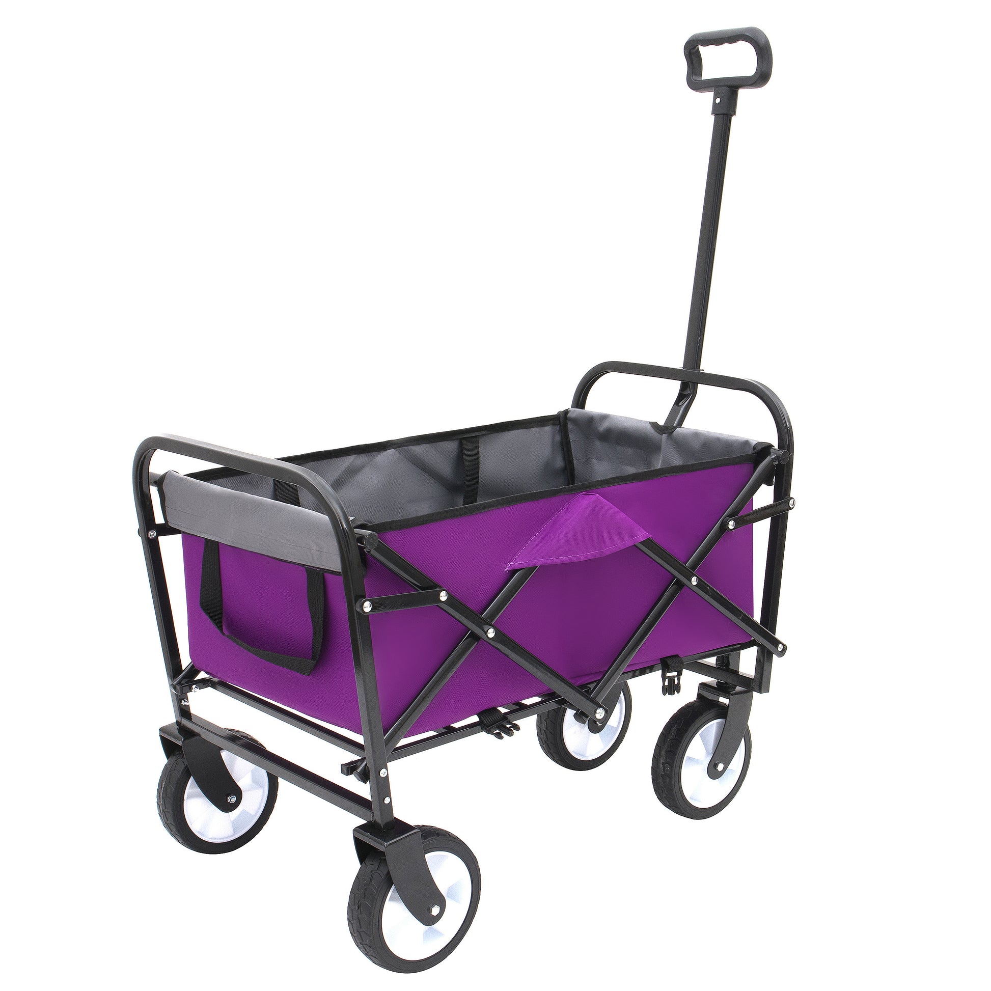Purple collapsible wagon with black frame and telescoping handle