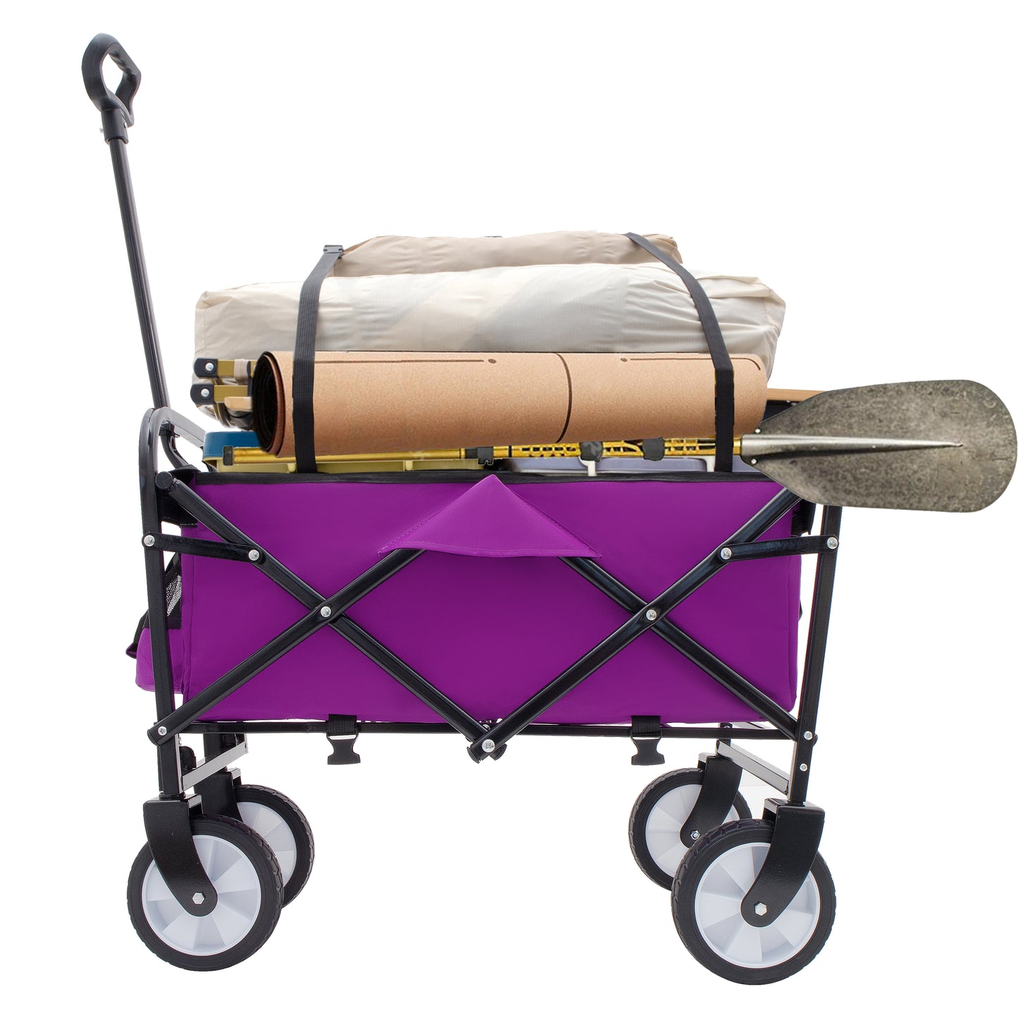 Purple collapsible wagon with camping gear including tent and paddle