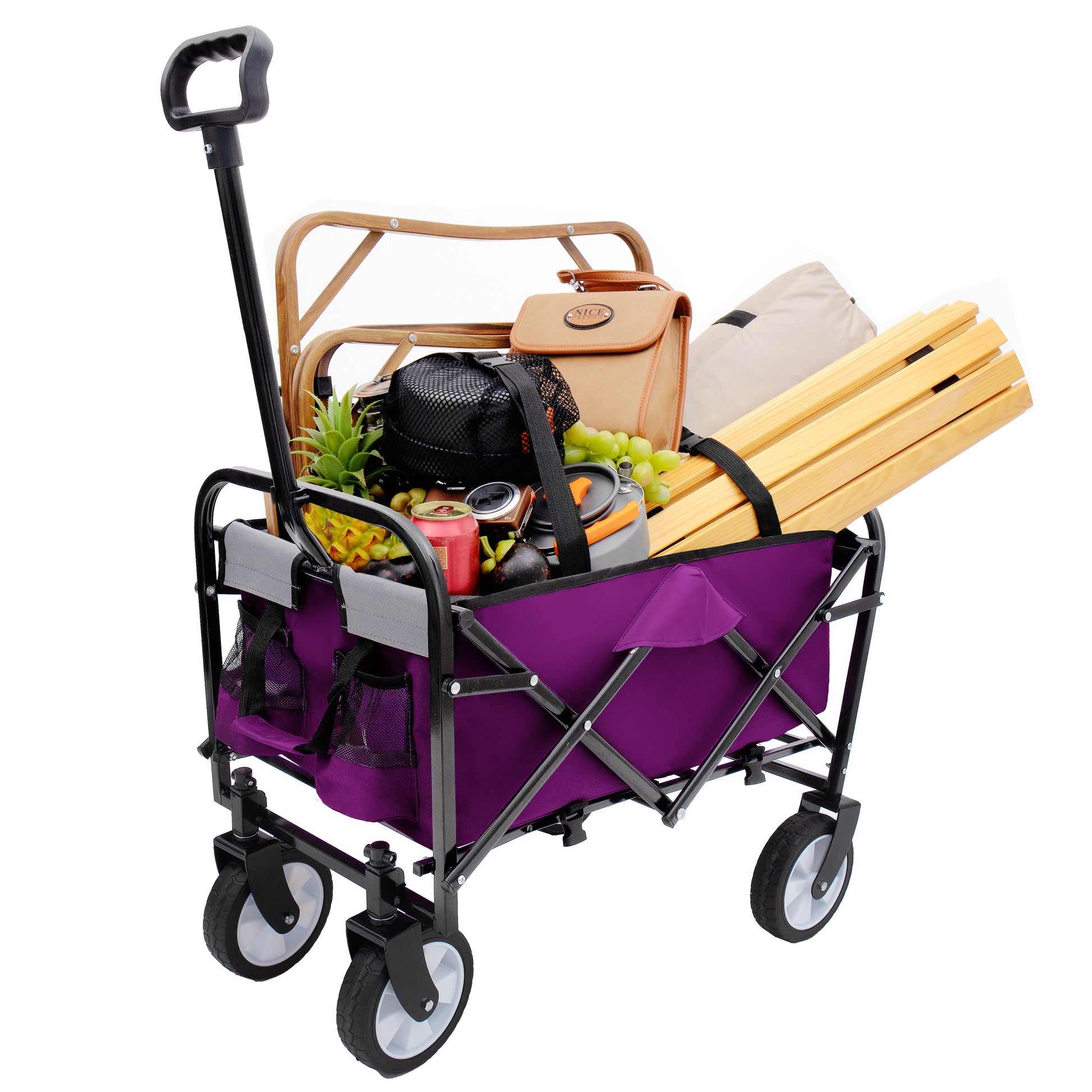Purple folding wagon packed with camping gear including wood chair cooler bag and fruit