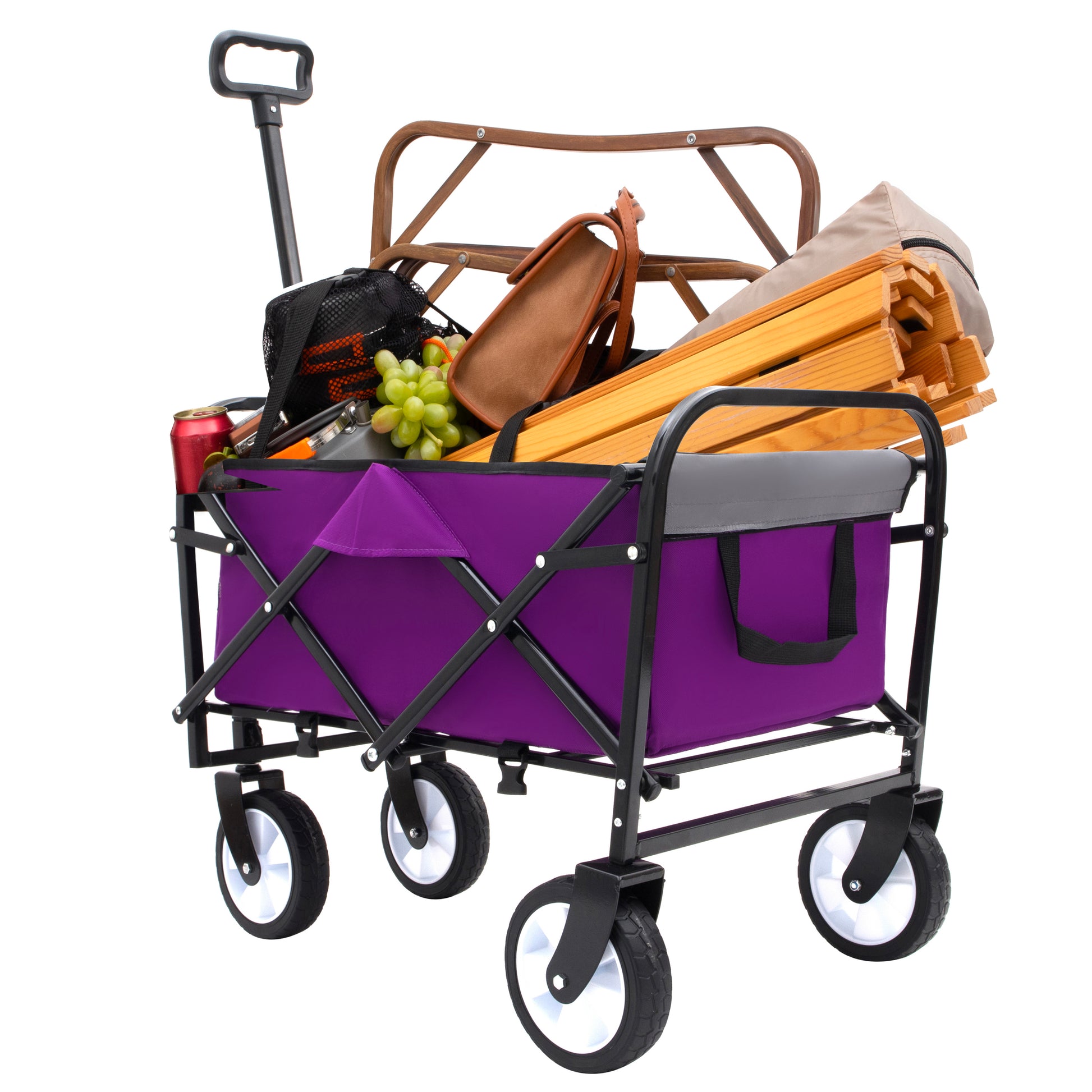 Purple folding wagon loaded with camping gear including wooden chairs and a cooler ready for outdoor adventures