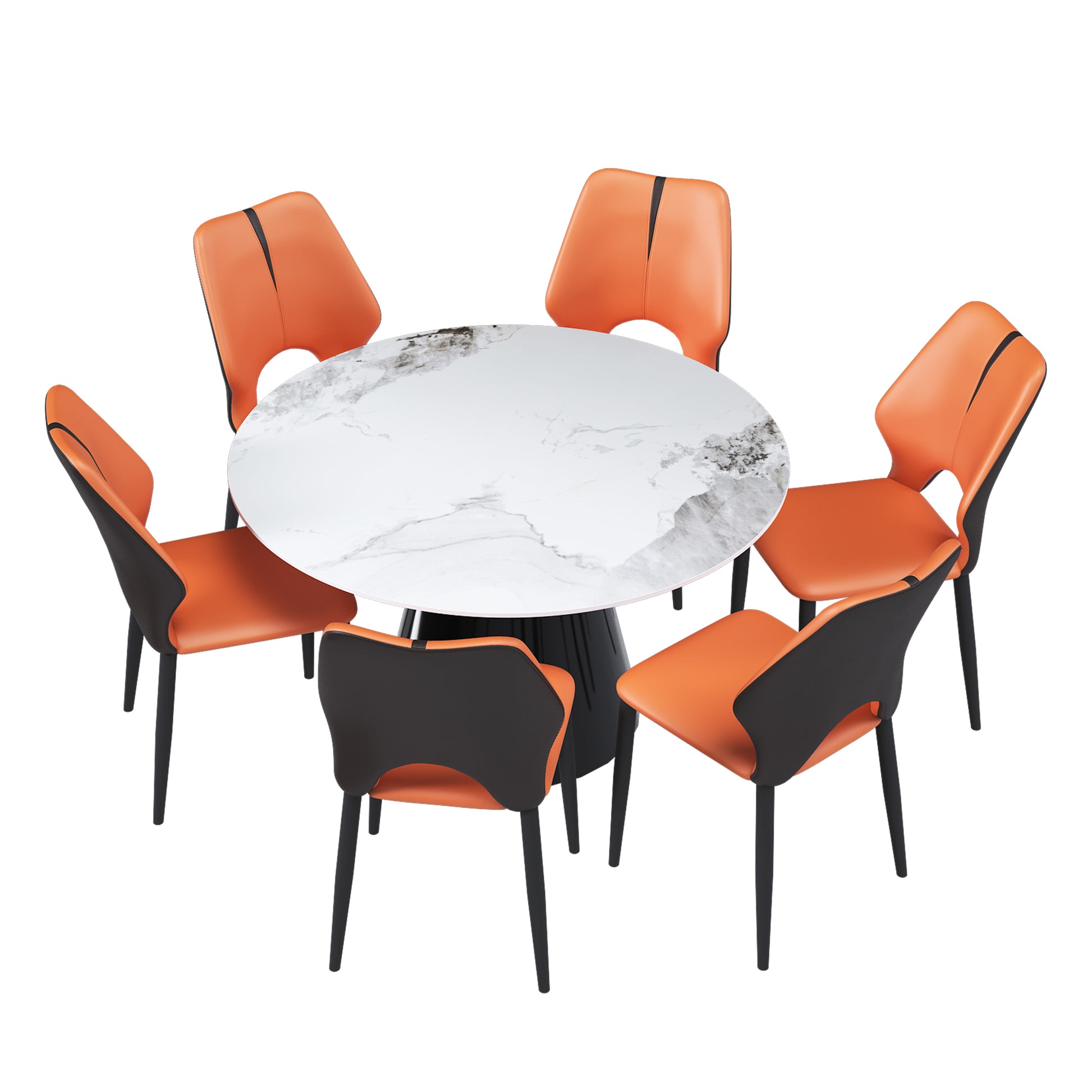 Round marble dining table with six orange and black accent chairs