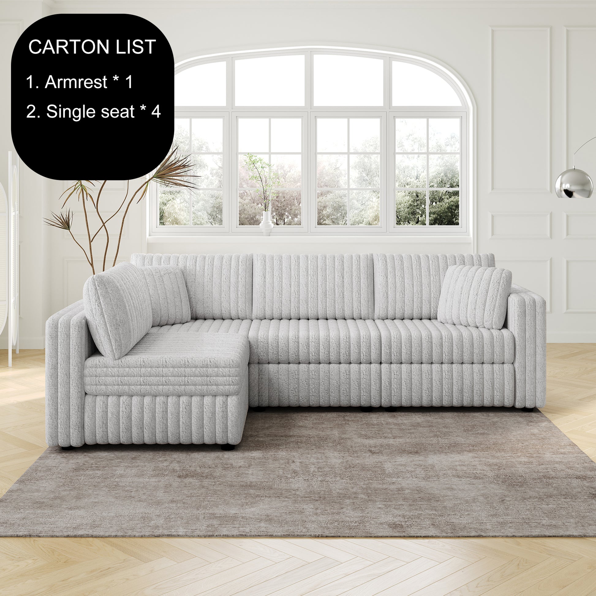 Plush grey sectional sofa with ribbed texture and deep seating for living room comfort