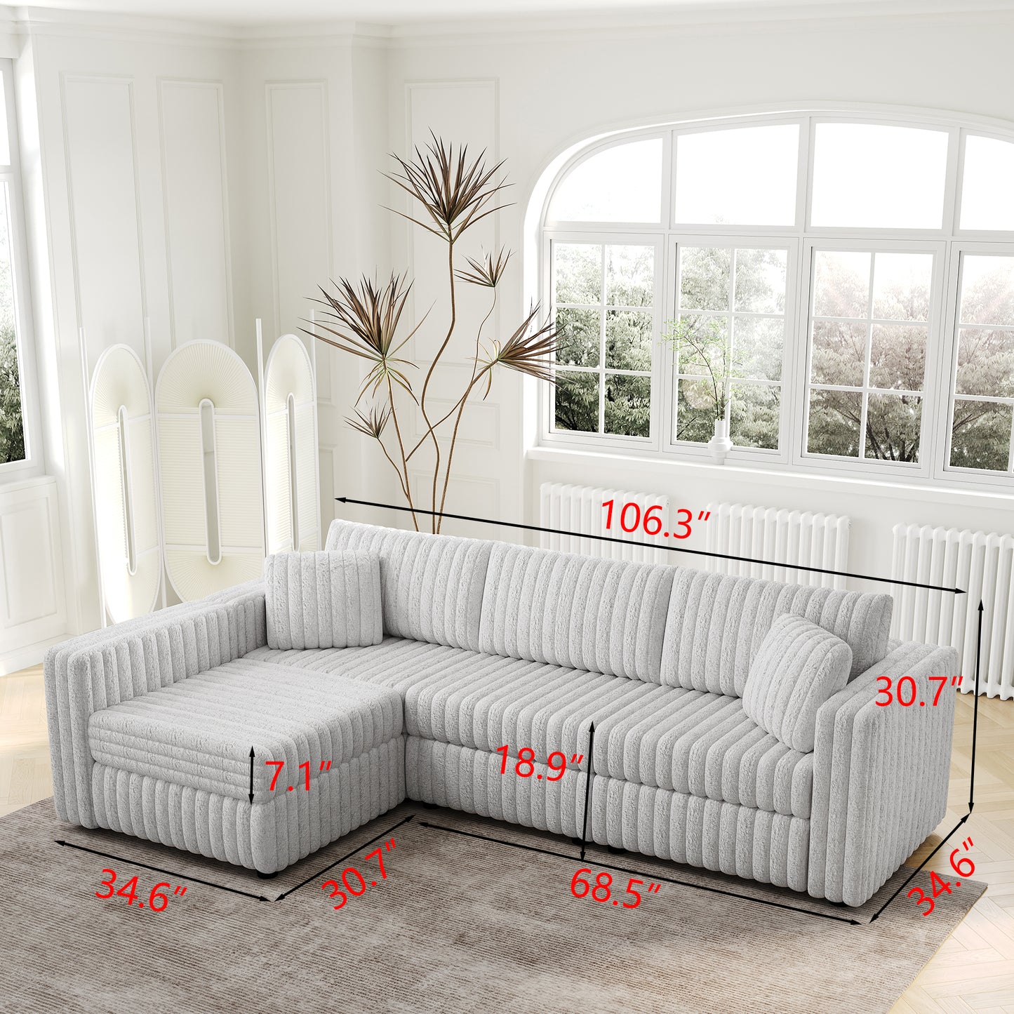 Light gray corduroy sectional sofa with plush texture and modern design in a living room setting