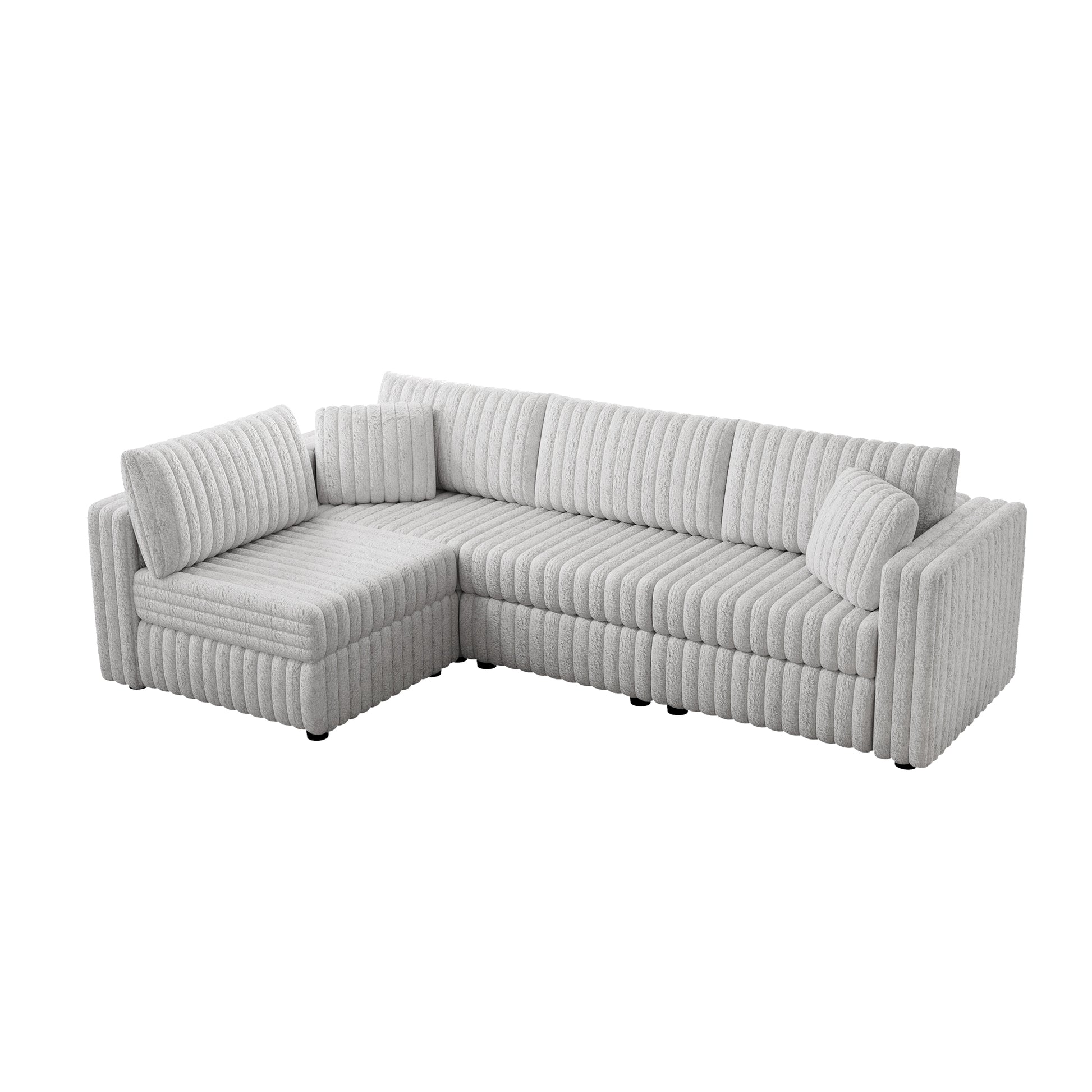 Plush light grey corduroy sectional sofa with plush cushions perfect for modern living rooms