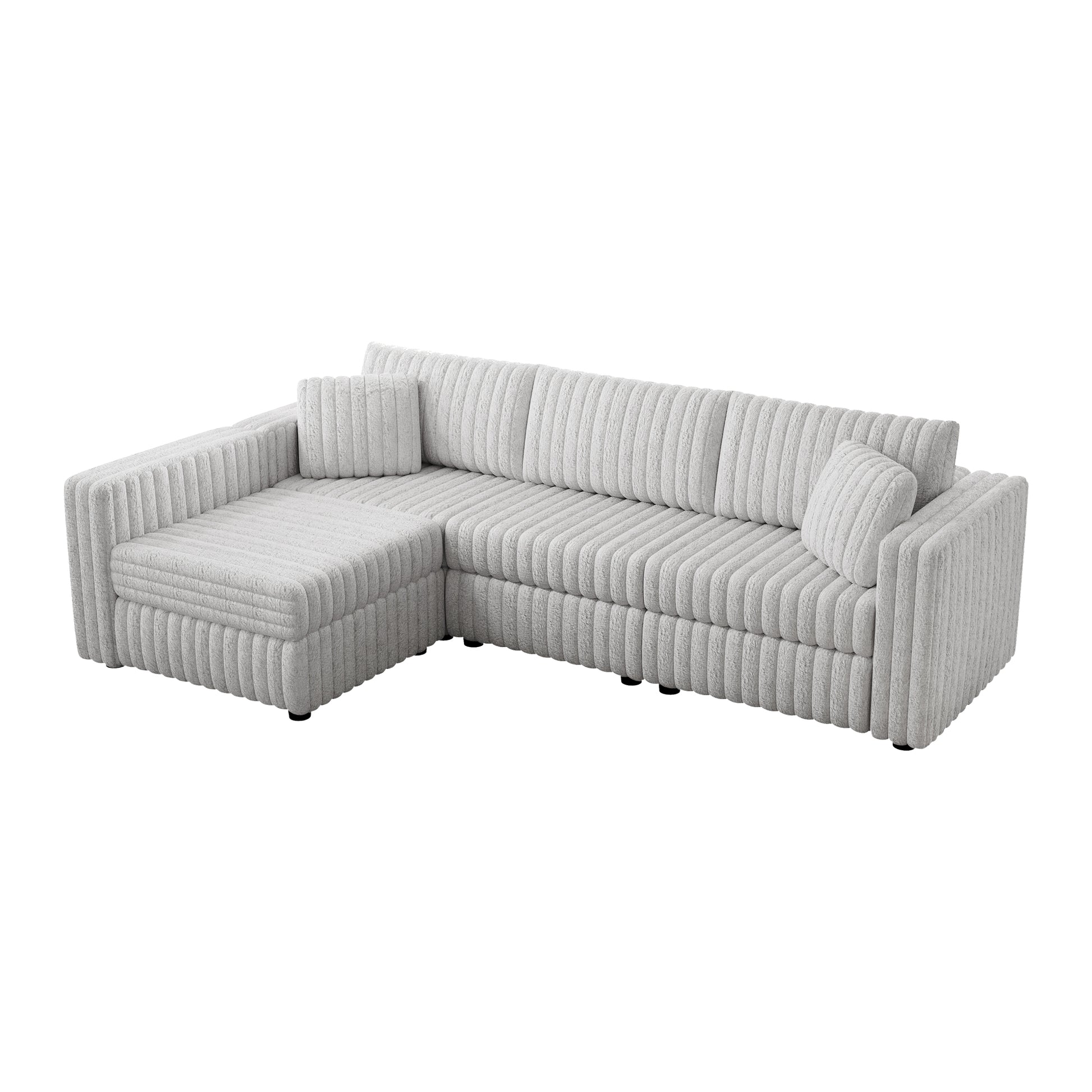 Light gray corduroy sectional sofa with plush texture and modern design