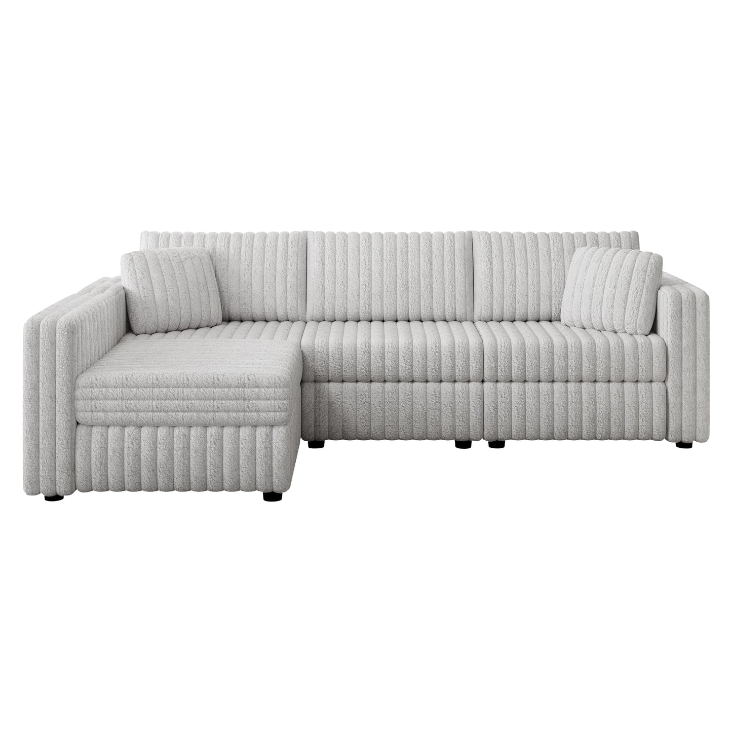 Light grey chenille sectional sofa with vertical ribbed texture and plush cushions