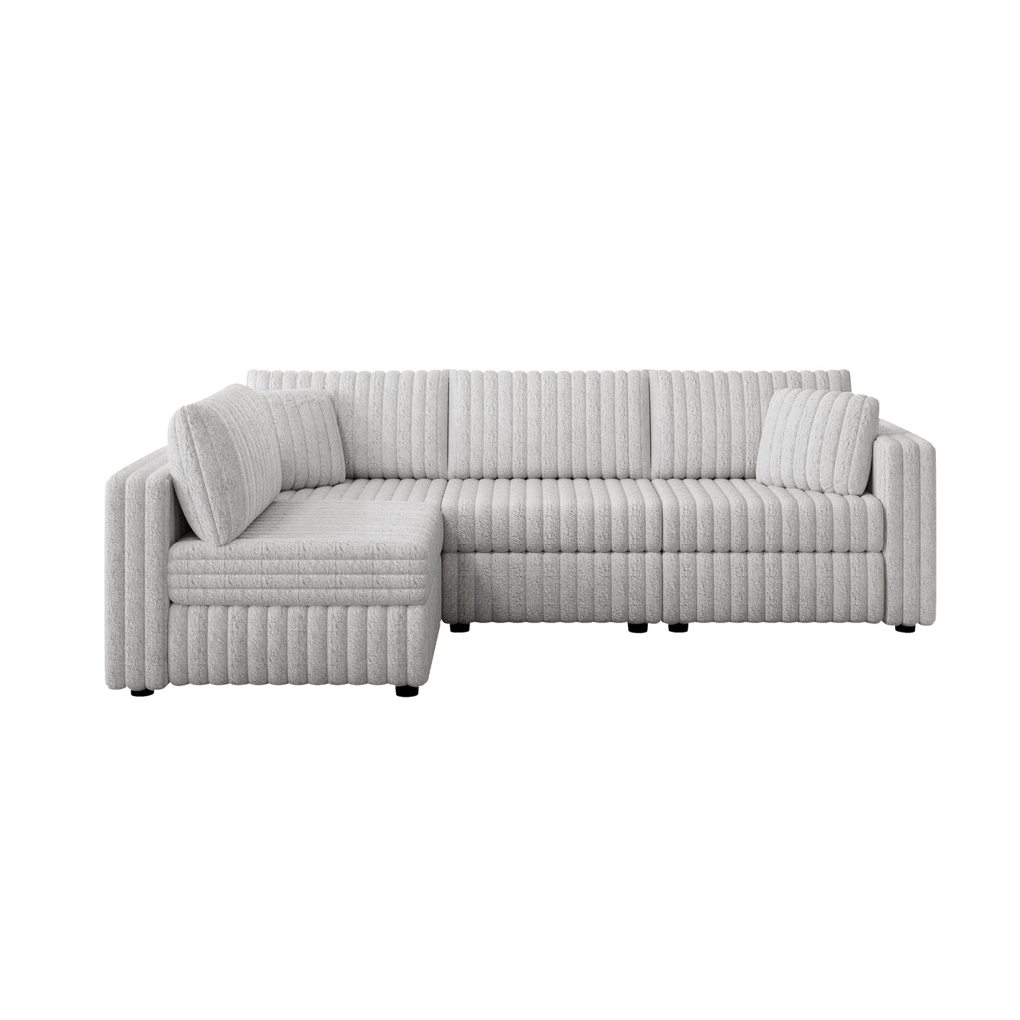 Light gray boucle fabric sectional sofa with a contemporary channeltufted design