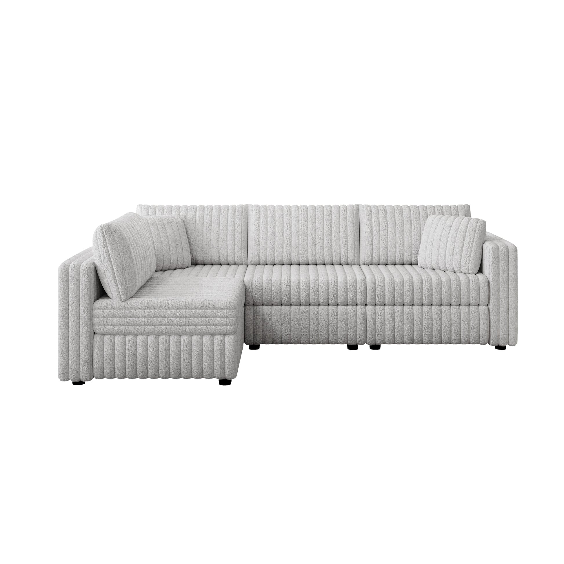Light gray boucle fabric sectional sofa with a contemporary channeltufted design