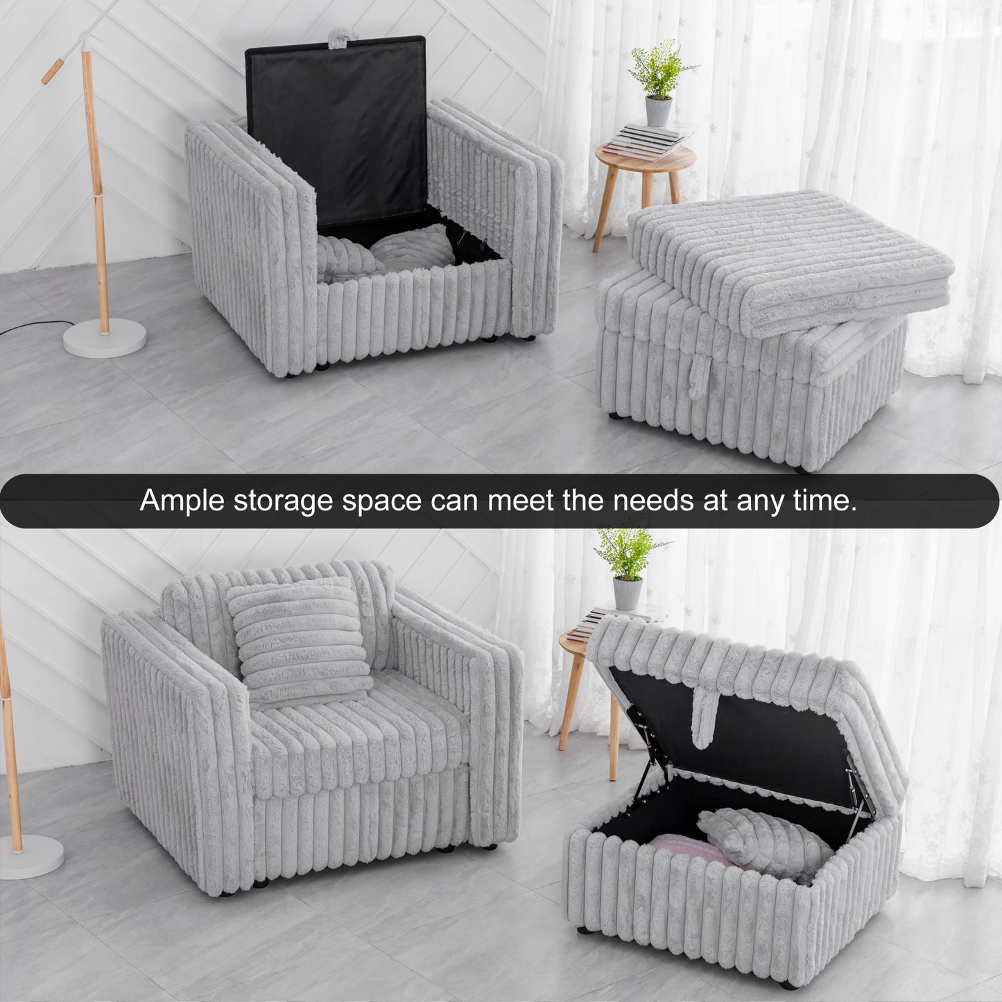 Gray plush storage ottoman with striped texture open to reveal storage space