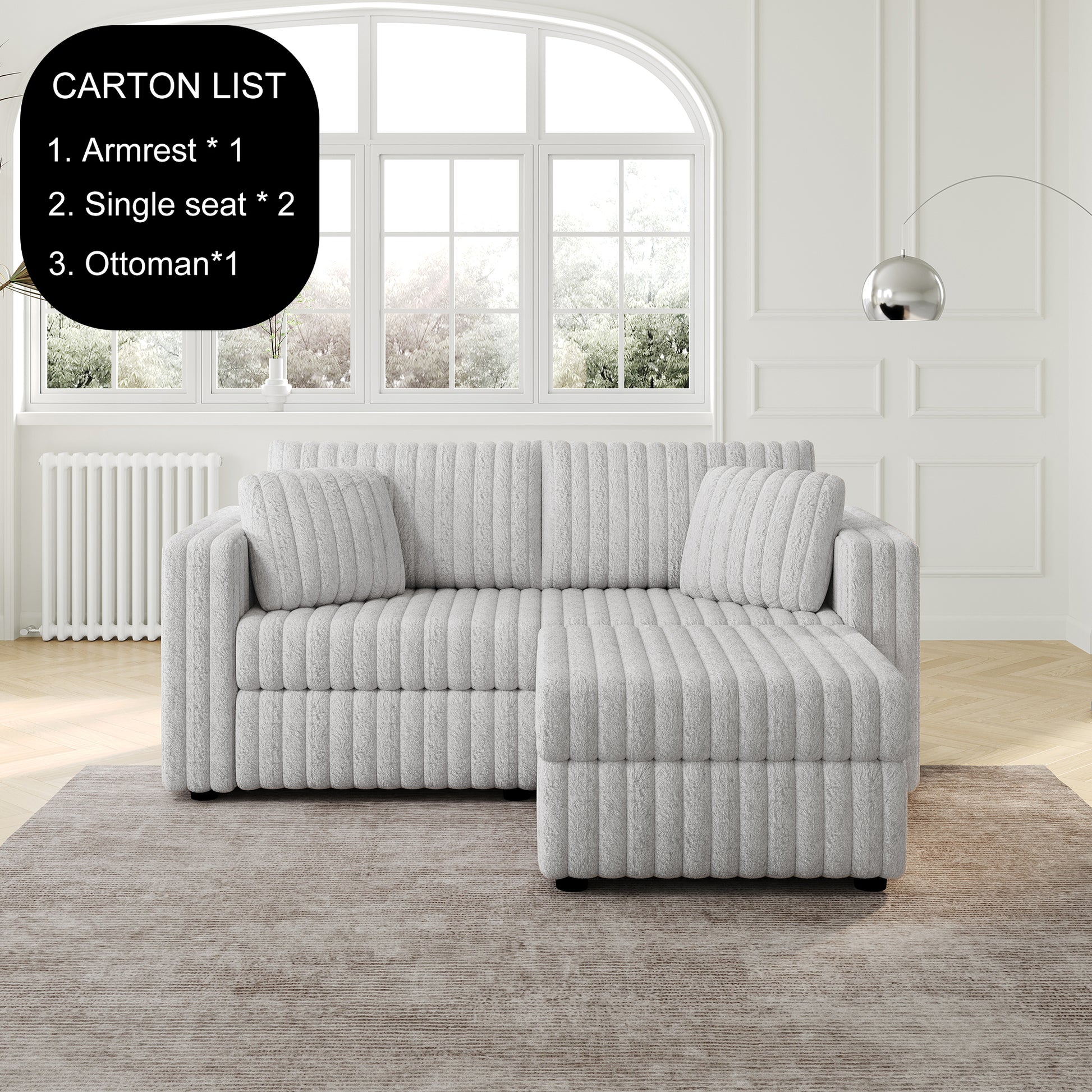 Light grey plush sectional sofa with ribbed texture and matching ottoman modern living room style