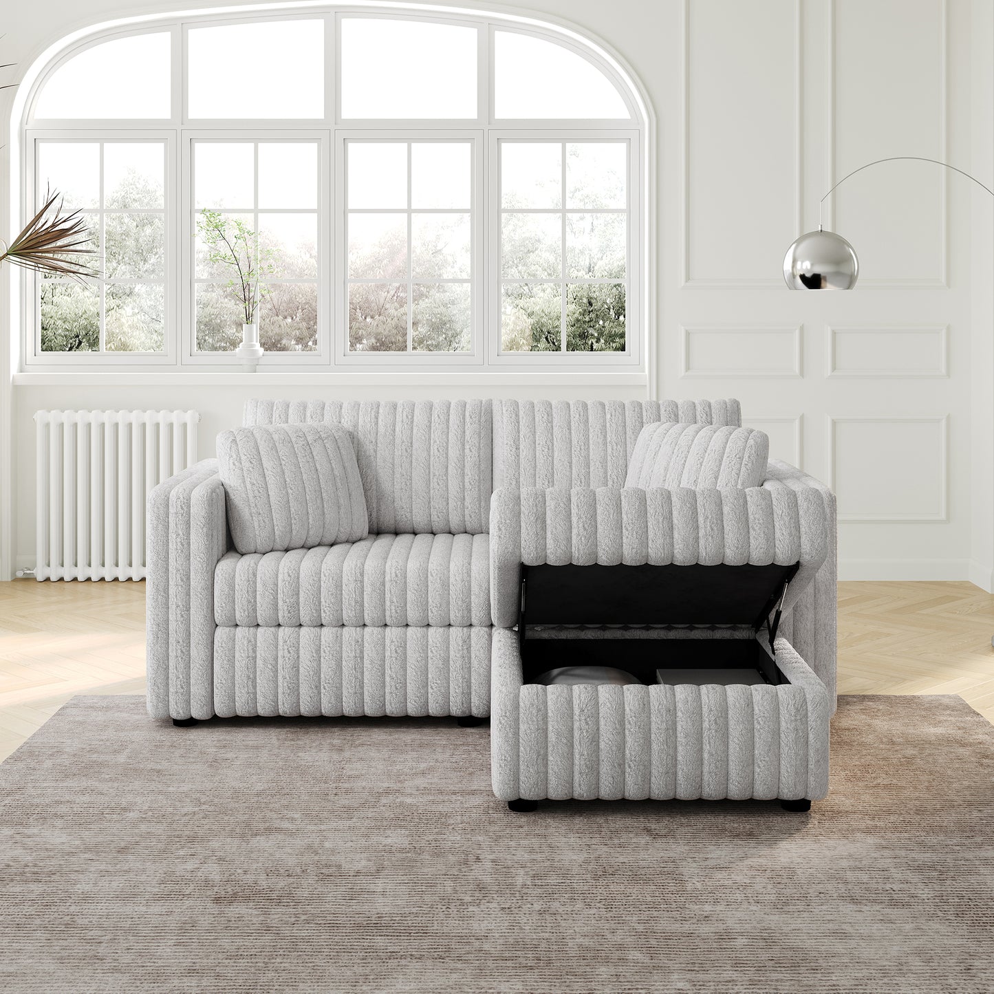 Plush light grey sectional sofa with hidden storage ottoman modern design