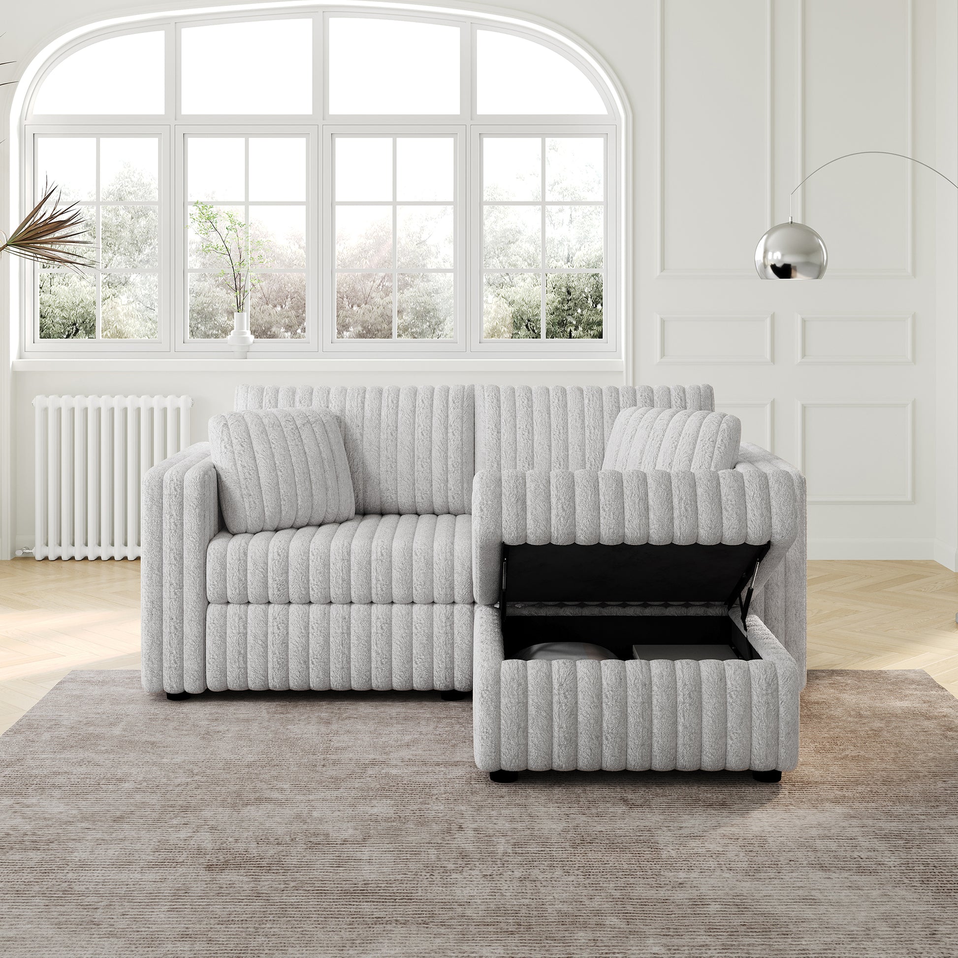 Plush light grey sectional sofa with hidden storage ottoman modern design