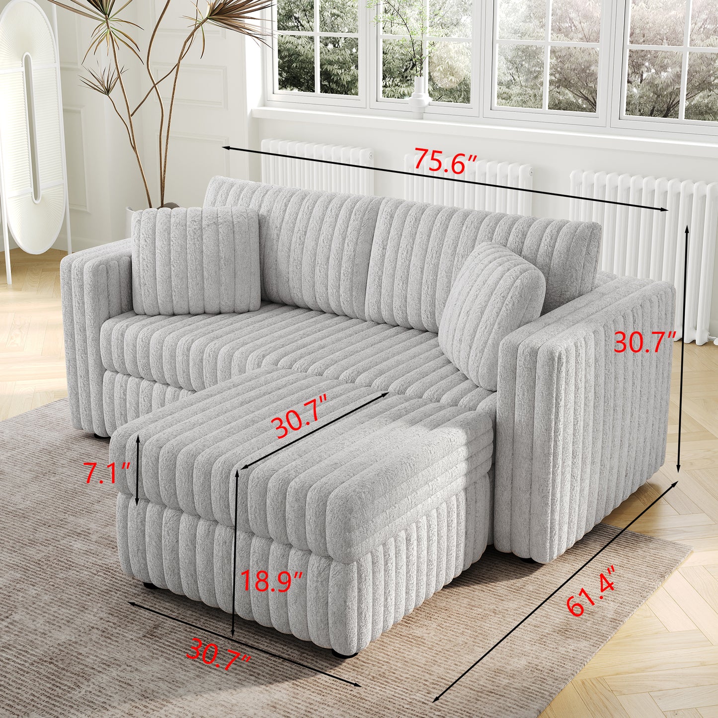 Plush grey sectional sofa with corduroylike texture and ample seating for living room comfort