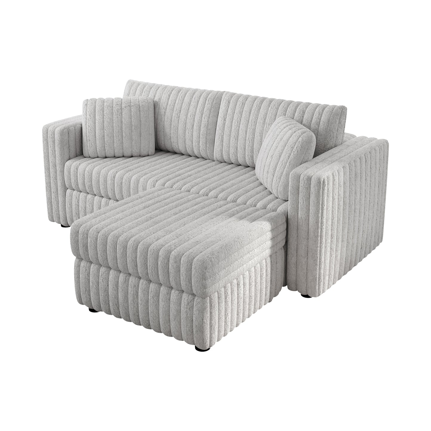 Plush grey sectional sofa with ribbed upholstery and two accent pillows