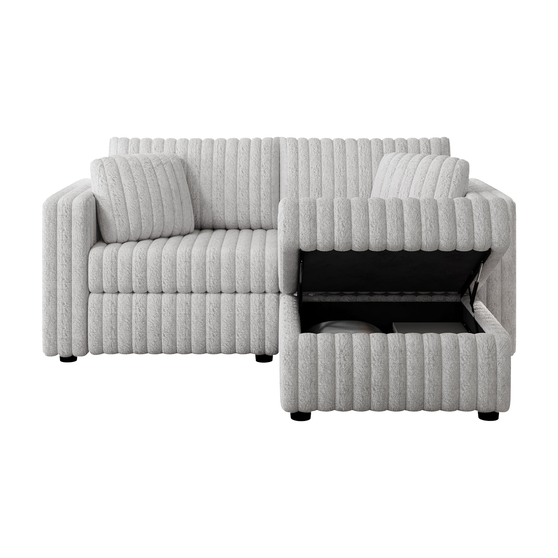 White plush sectional sofa with vertical ribbed texture and open storage compartment