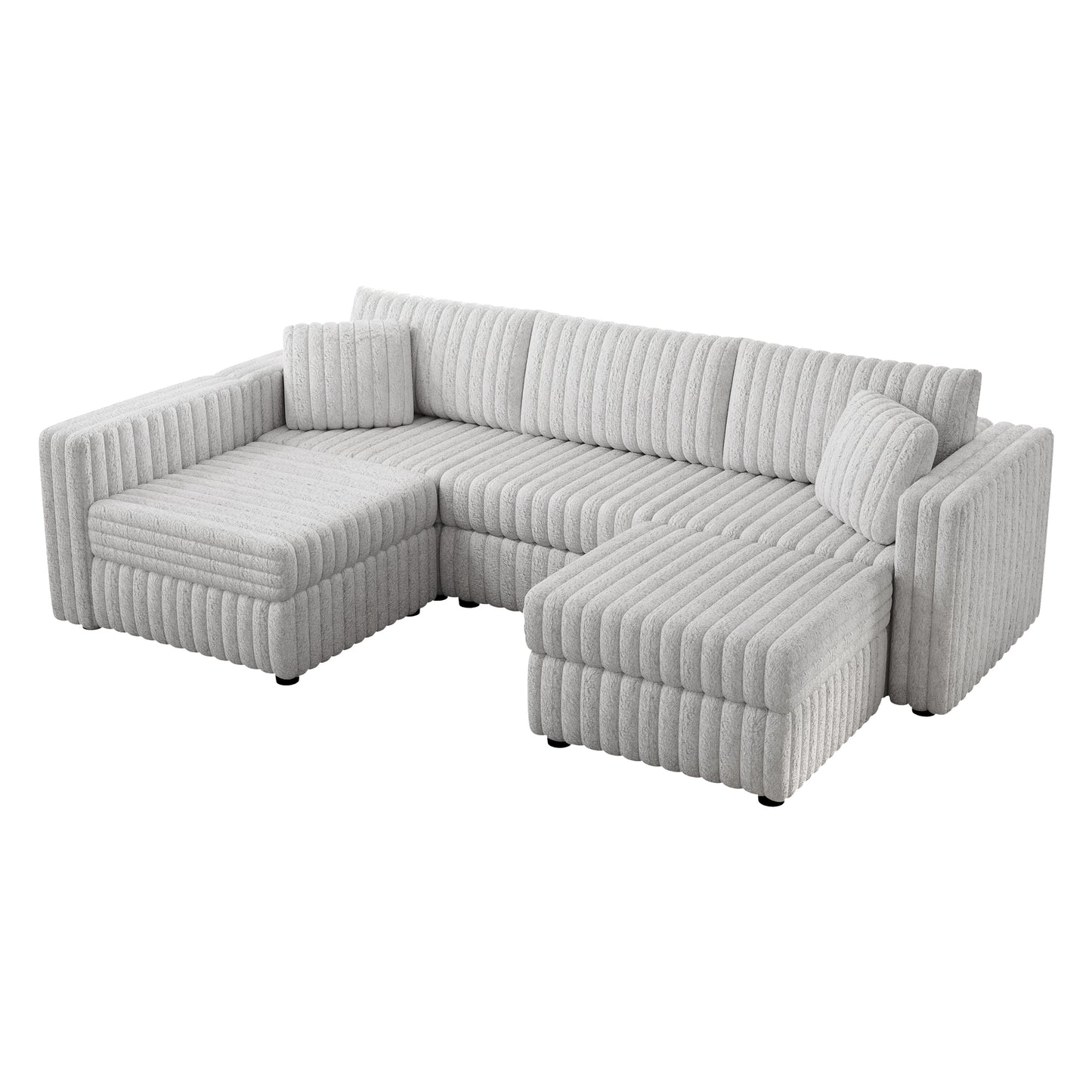 Light gray plush fabric sectional sofa with channel tufting and chaise