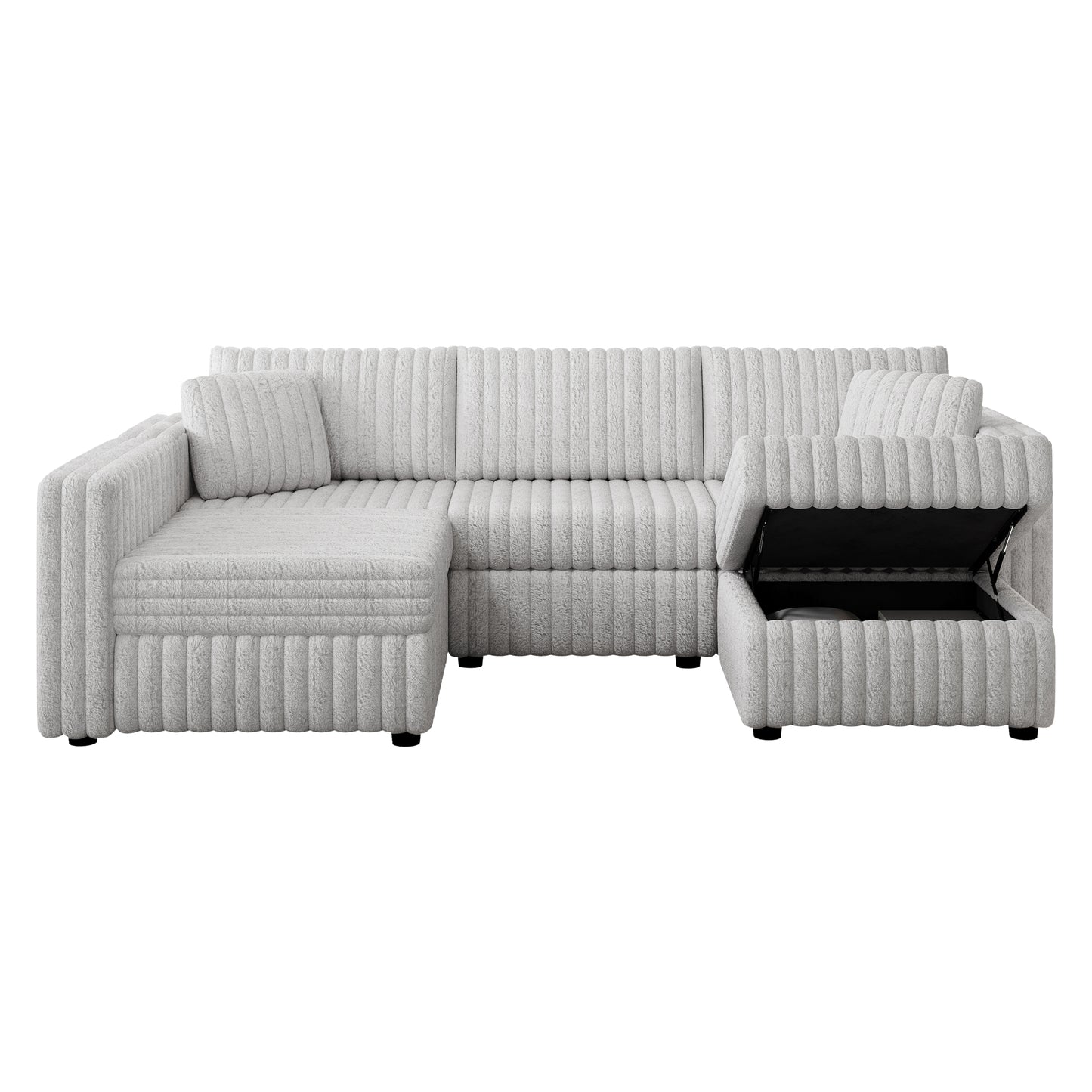 White textured sectional sofa with storage ottoman and plush pillows