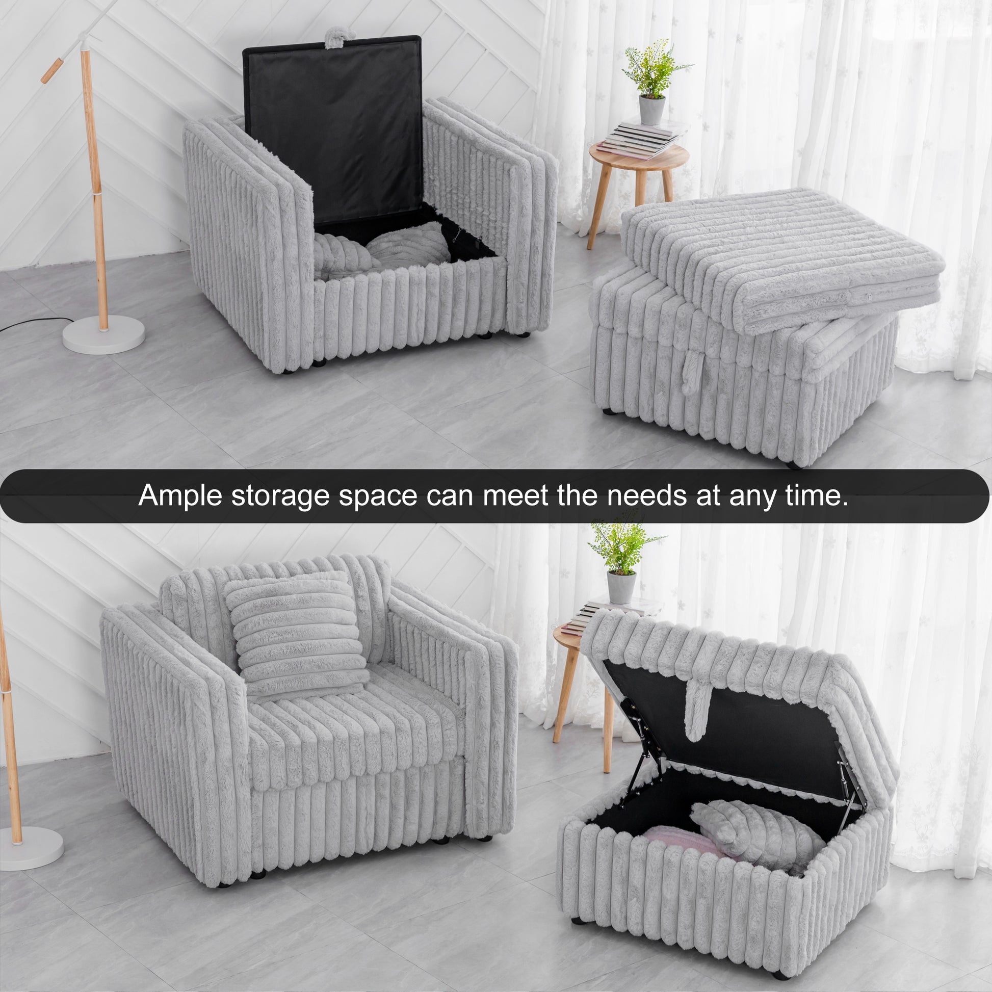 Fluffy grey corduroy accent chair with hidden storage compartment and matching ottoman