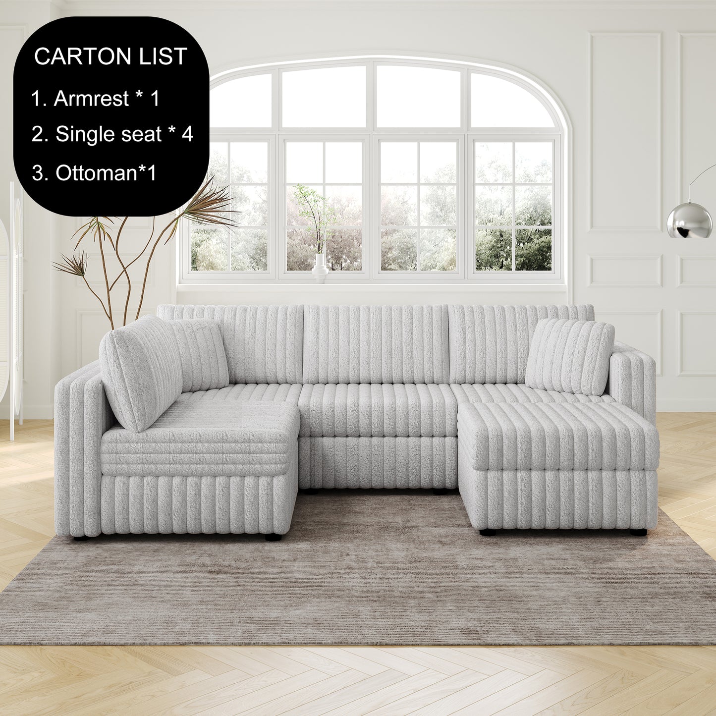 Plush grey sectional sofa with ribbed texture and matching throw pillows ideal for modern living rooms