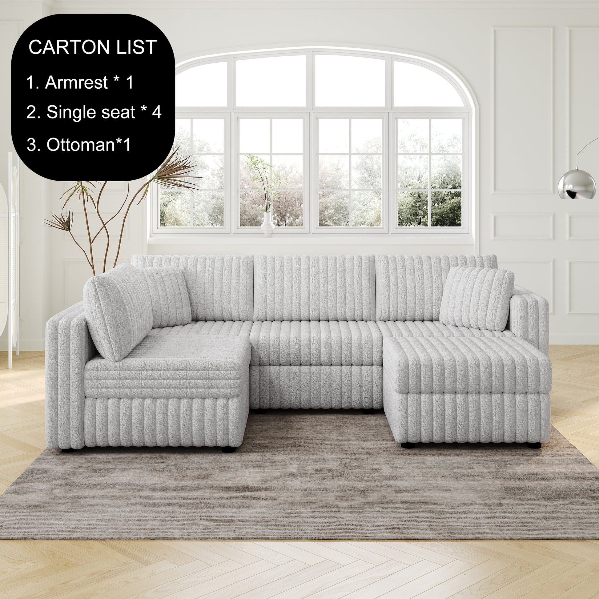 Plush grey sectional sofa with ribbed texture and matching throw pillows ideal for modern living rooms