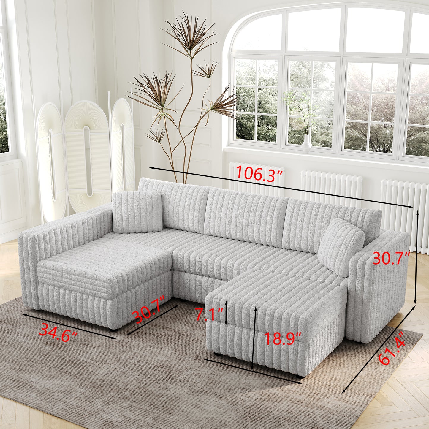Plush grey sectional sofa with a modern ribbed design perfect for spacious living rooms