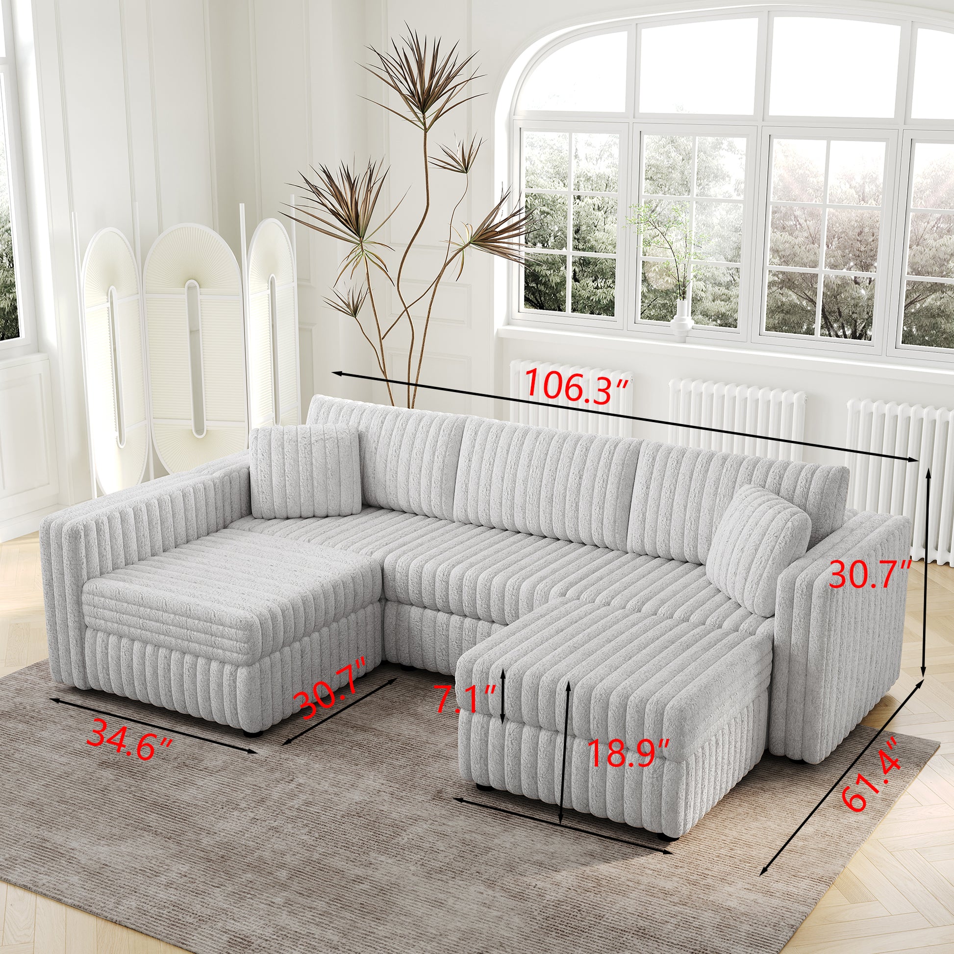 Plush grey sectional sofa with a modern ribbed design perfect for spacious living rooms