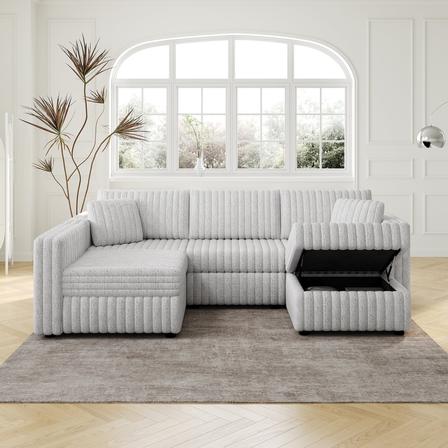 Plush grey sectional sofa with storage ottoman textured upholstery modern living room