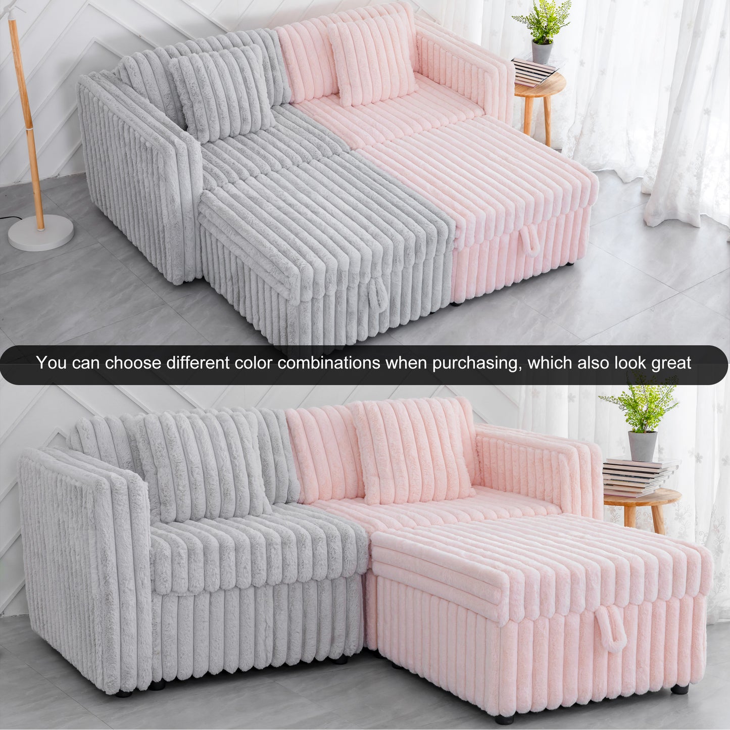 Plush corduroy sectional sofa in grey and pink for modern living room decor