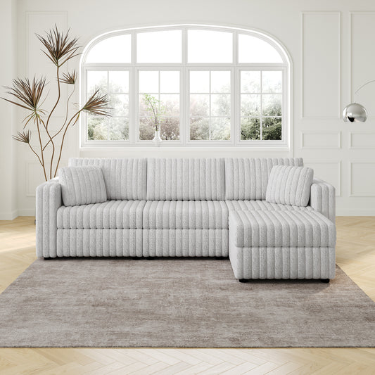 Fluffy grey sectional sofa with vertical channel tufting perfect for modern living rooms