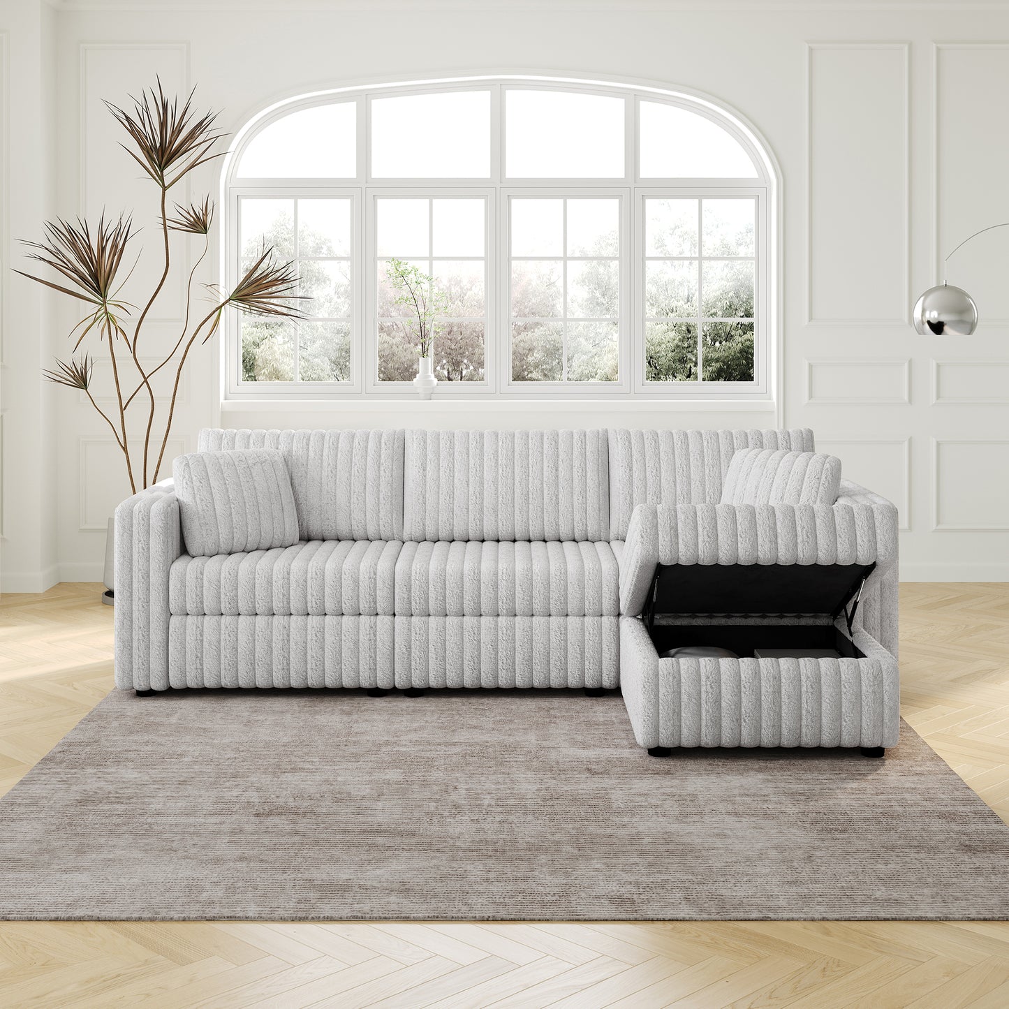 Plush white sectional sofa with ribbed texture and hidden storage ottoman