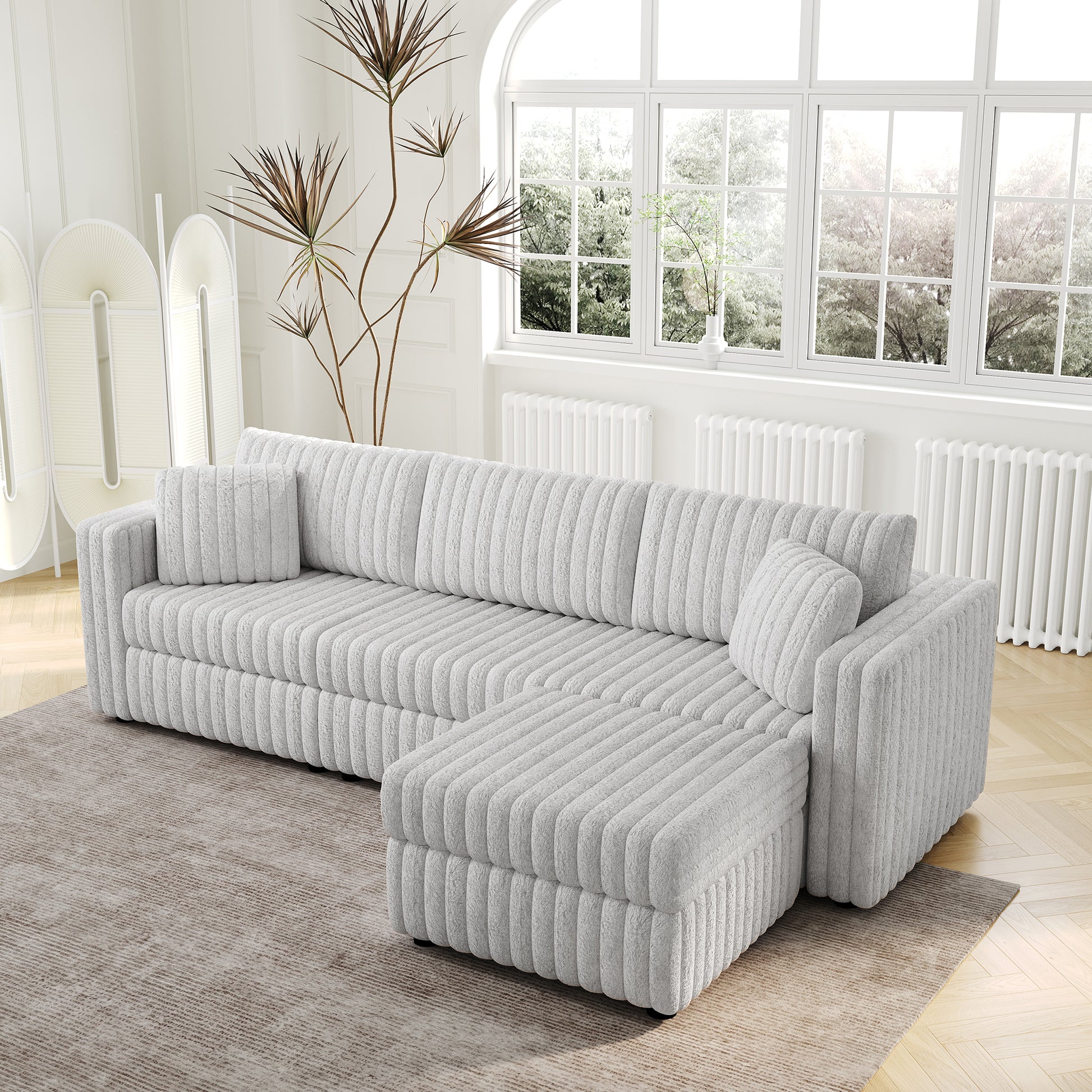 Plush grey sectional sofa with vertical corduroy texture modern living room furniture