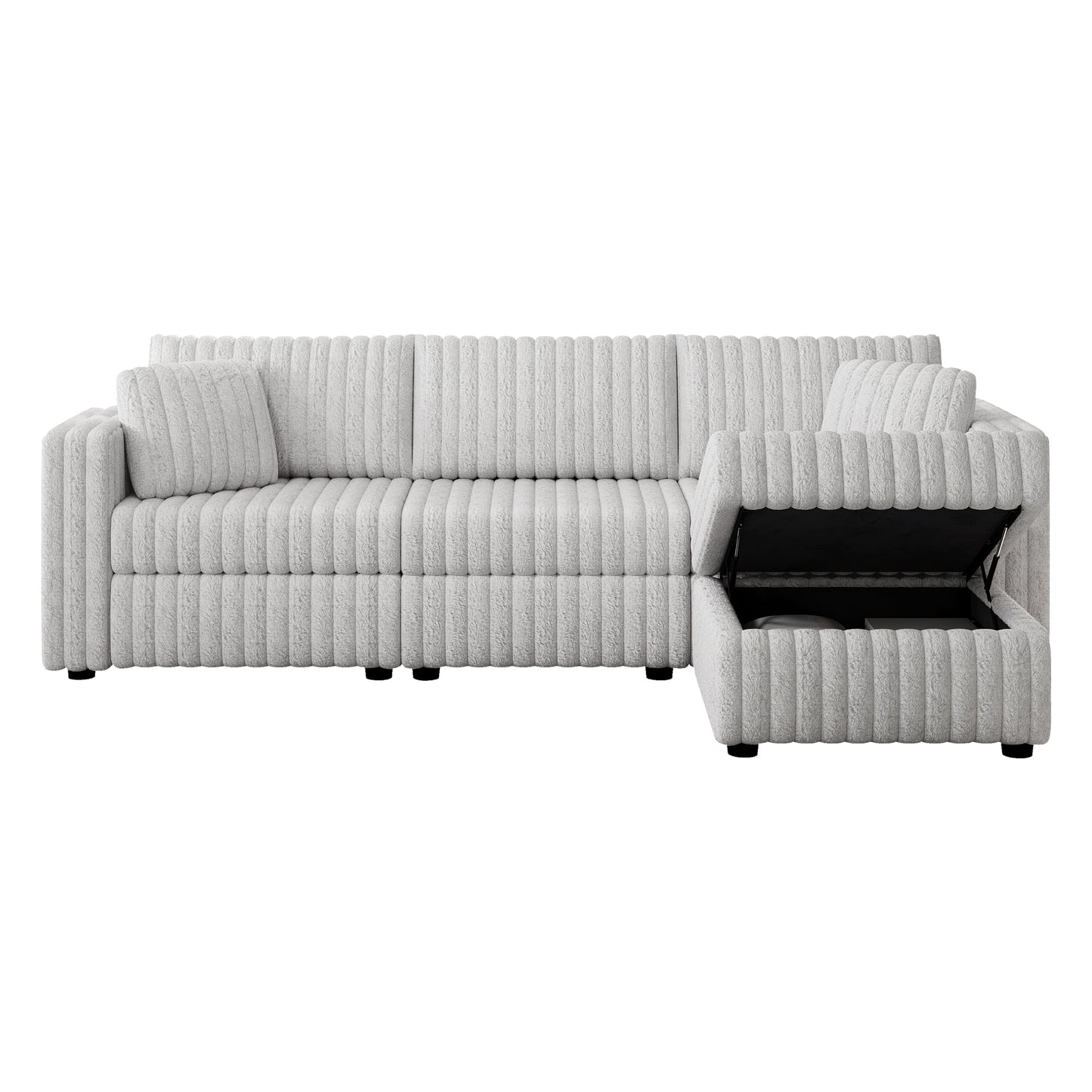 Plush grey sectional sofa with hidden storage ottoman and vertical ribbed upholstery