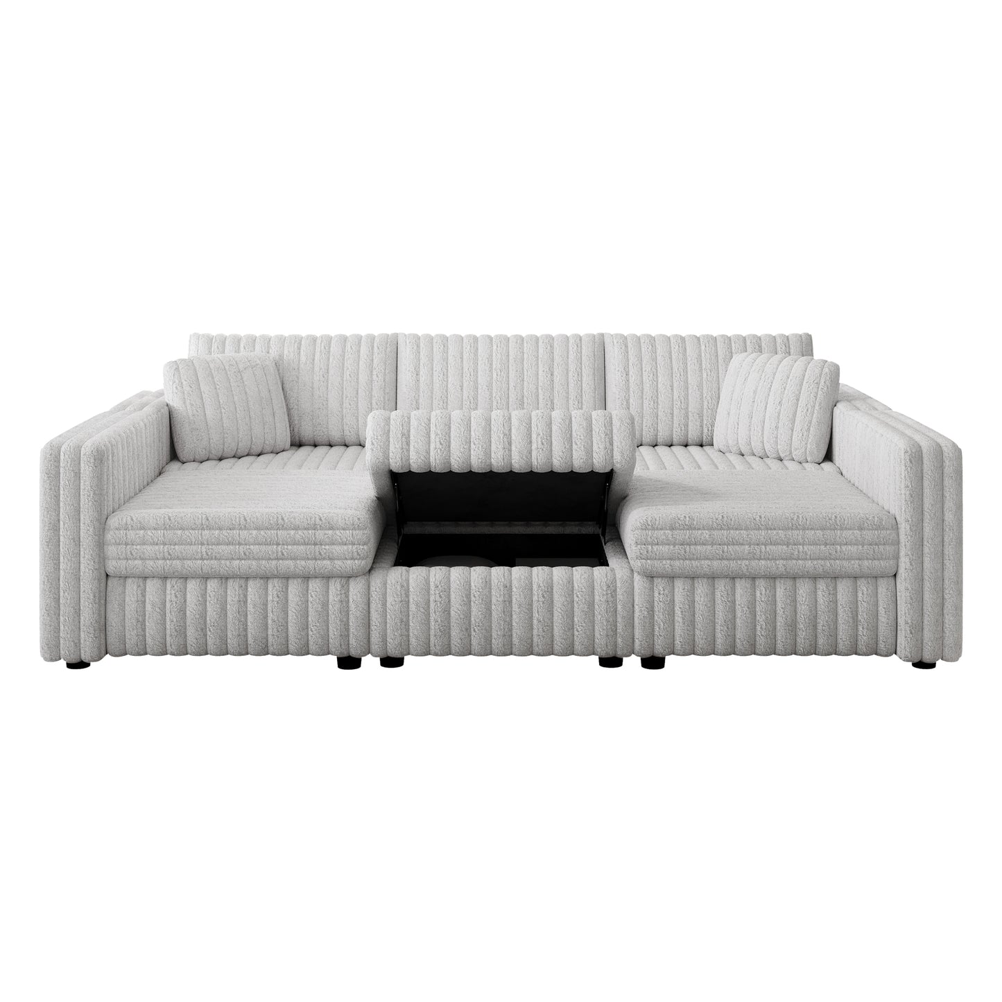 Gray textured sectional sofa with open storage compartment and plush cushions