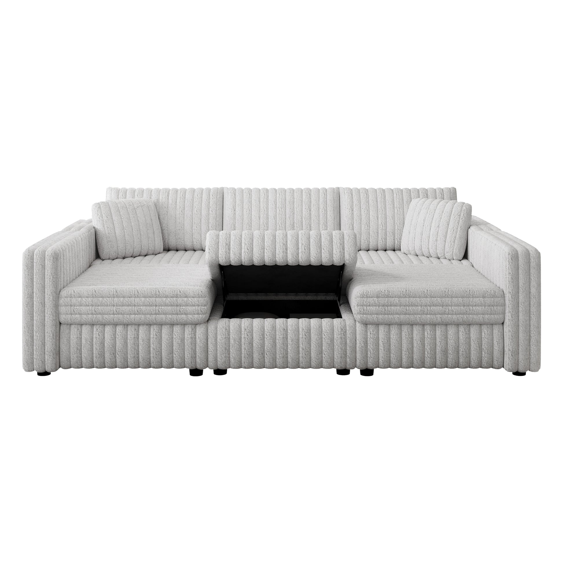 Gray textured sectional sofa with open storage compartment and plush cushions