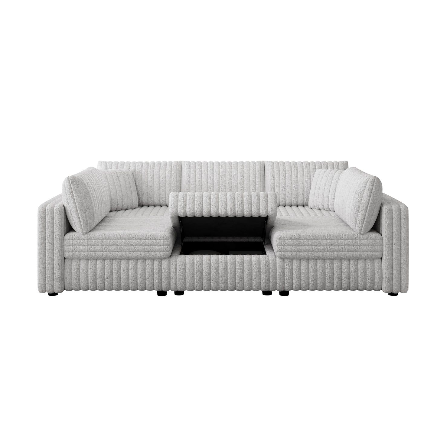 Light grey boucle fabric sofa with integrated storage and plush cushions