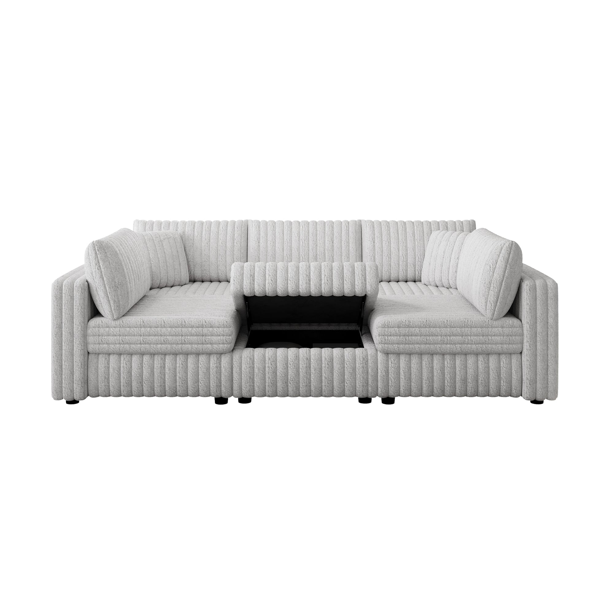 Light grey boucle fabric sofa with integrated storage and plush cushions