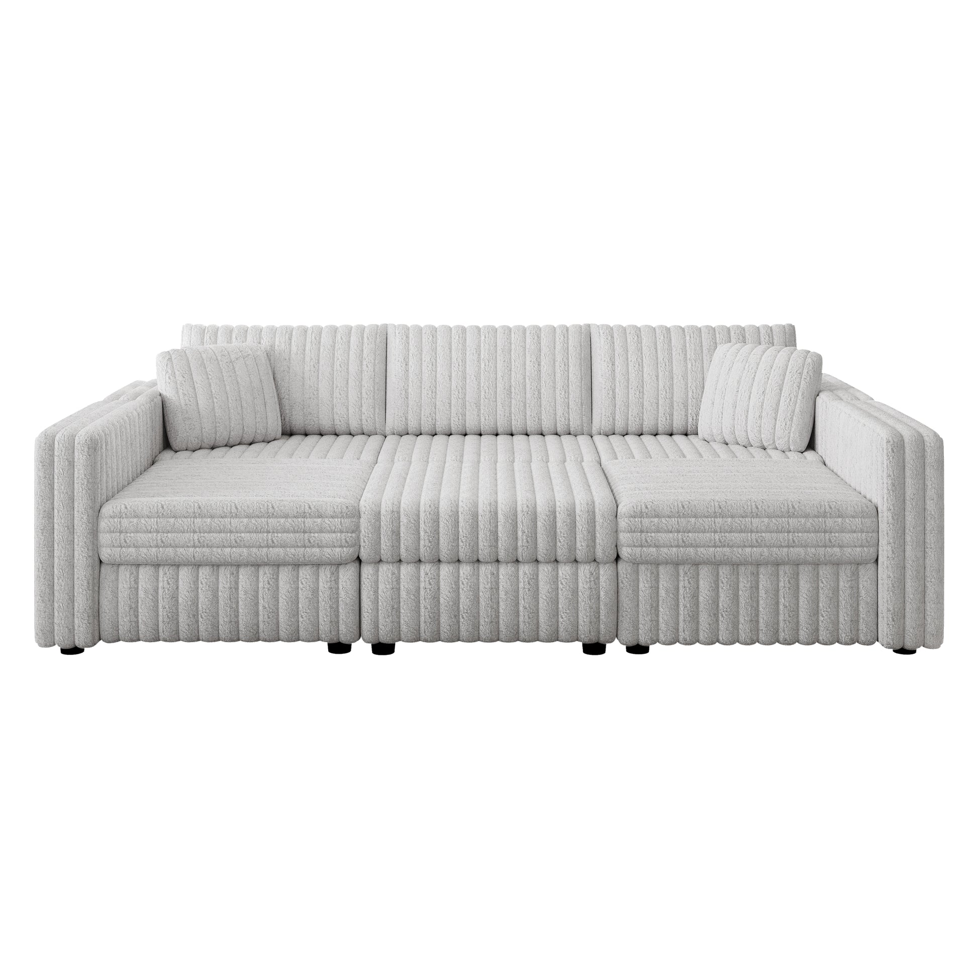 Modern light gray boucle sectional sofa with ribbed texture and plush cushions