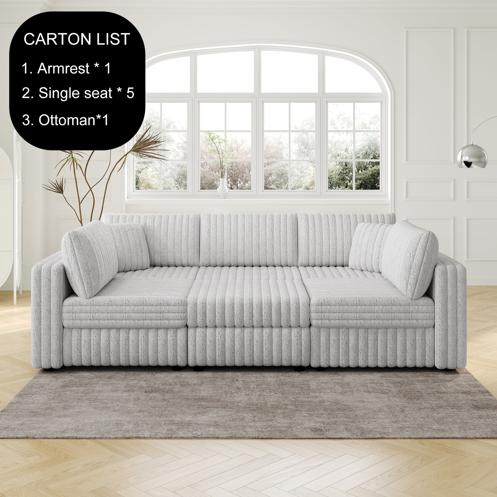 Plush light gray chenille sectional sofa with ribbed texture modern living room furniture